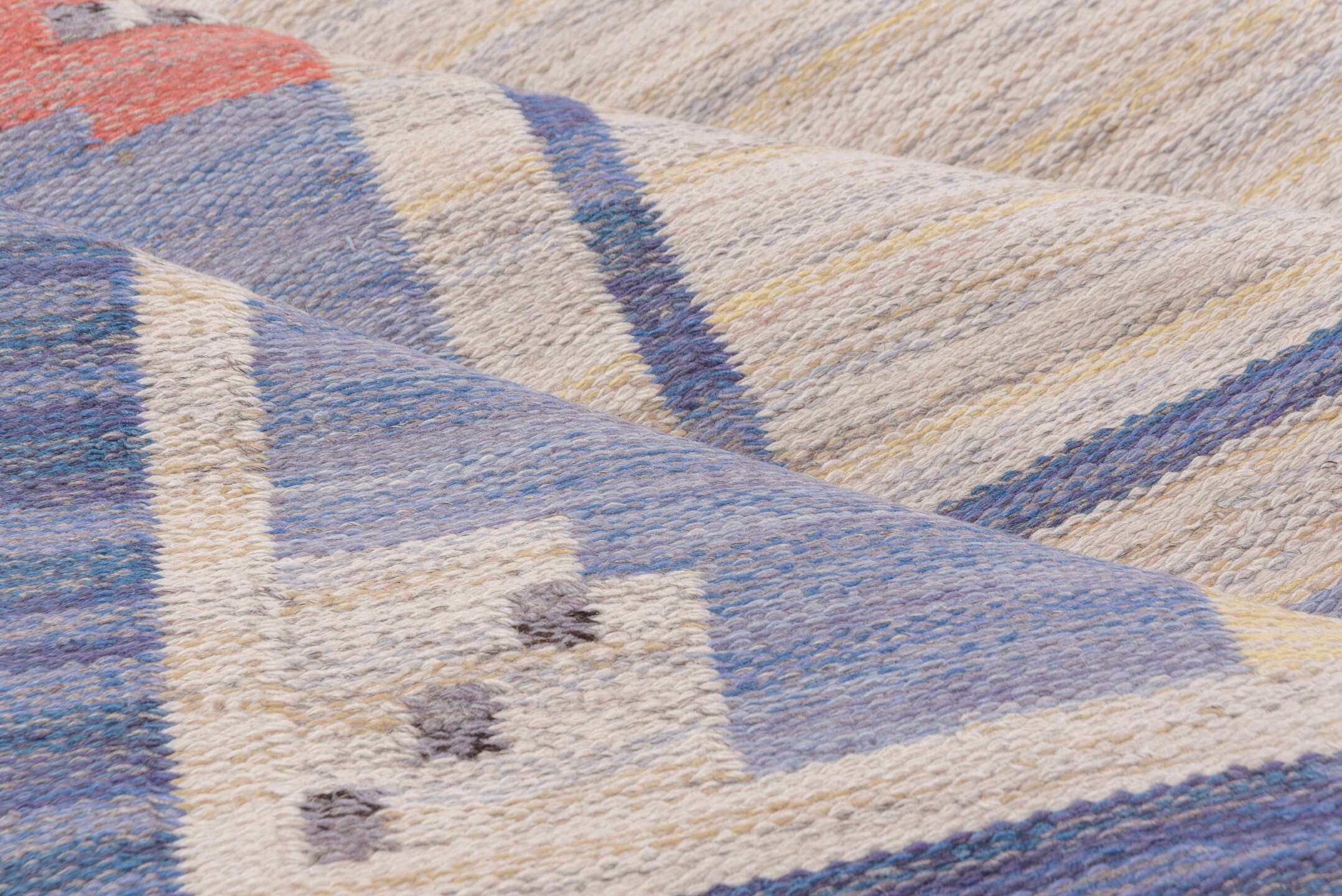 6' x 10' one-of-a-kind handmade vintage Rollaken large size rug. Color palette: ivory, slate blue, periwinkle, cream