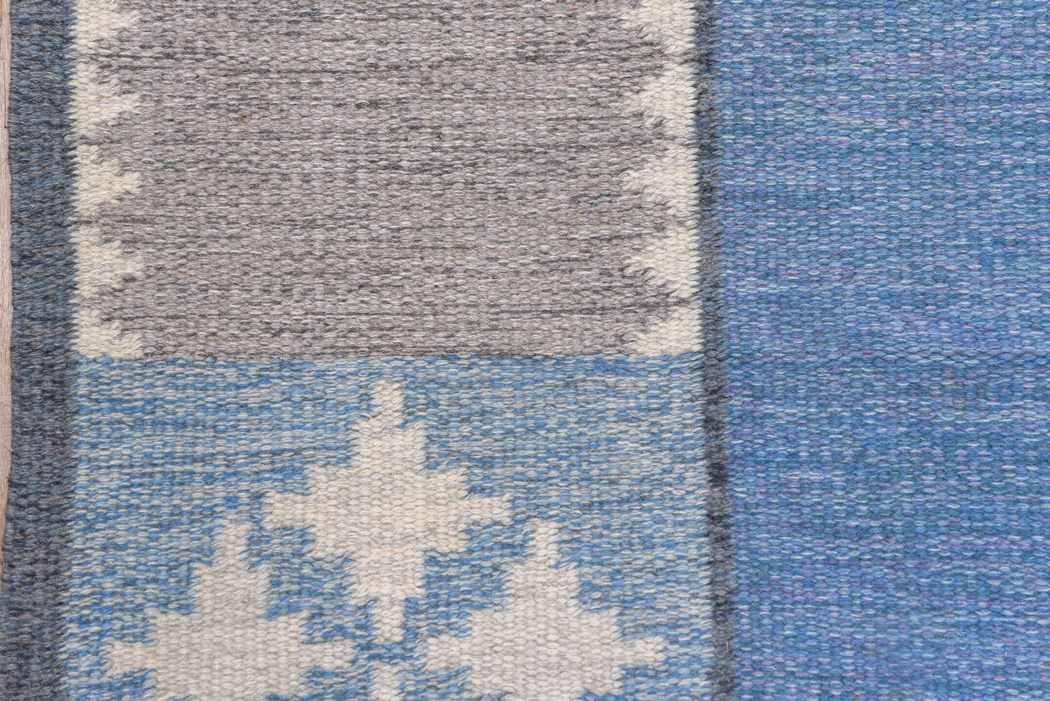 6' x 9' one-of-a-kind handmade vintage Rollaken medium size rug. Color palette: blue, ivory, taupe, lavender, rose, slate