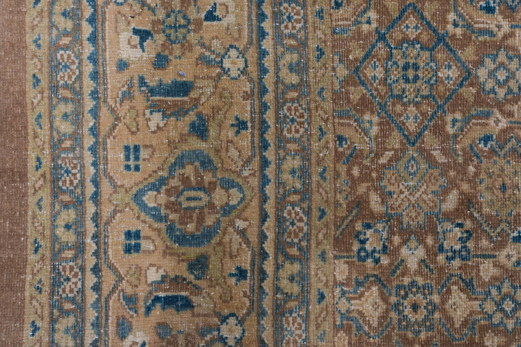 9' x 13' one-of-a-kind handmade vintage Mahal large size rug. Color palette: blue, brown, fiord, gray, light gray, off-white