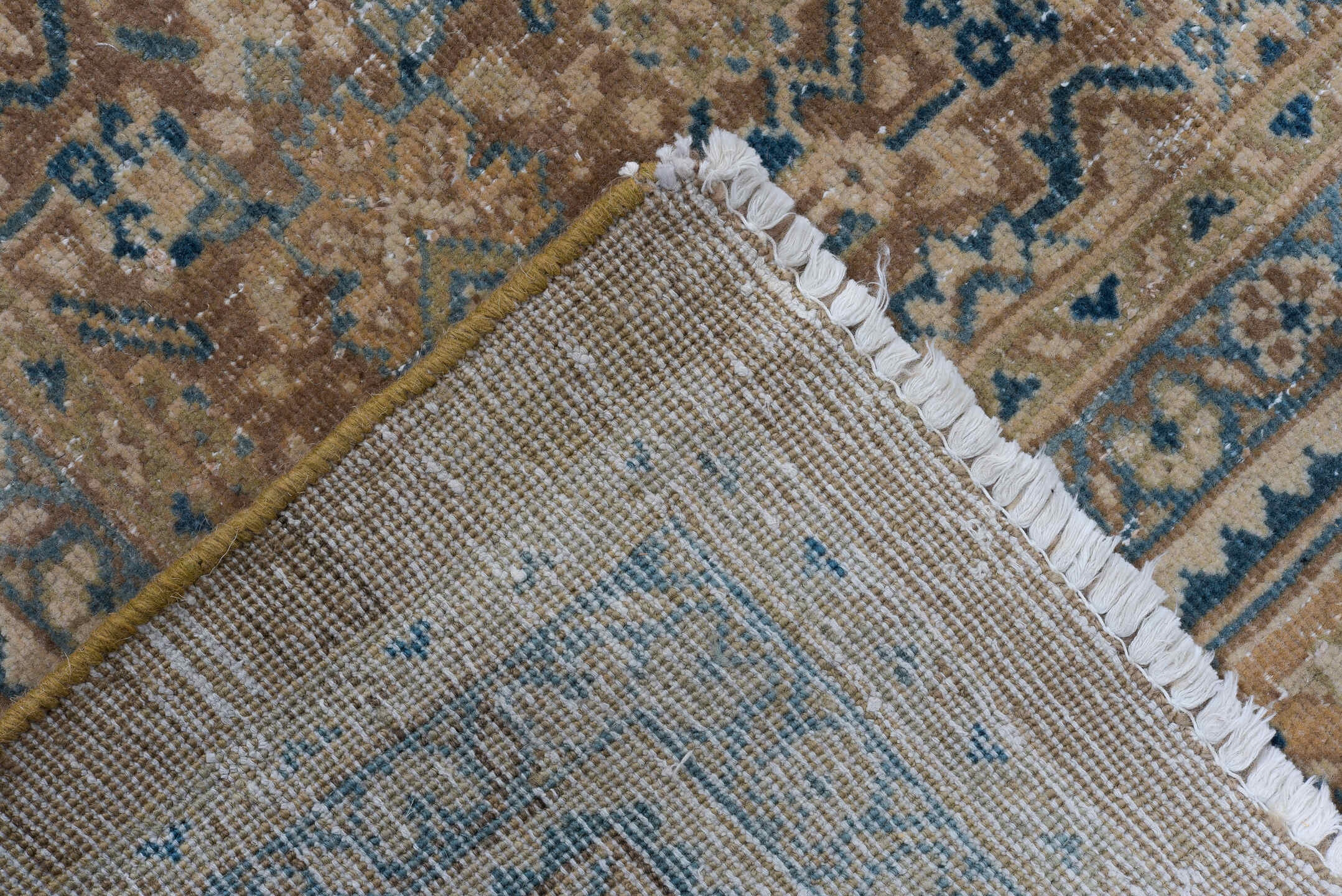 9' x 13' one-of-a-kind handmade vintage Mahal large size rug. Color palette: blue, brown, fiord, gray, light gray, off-white