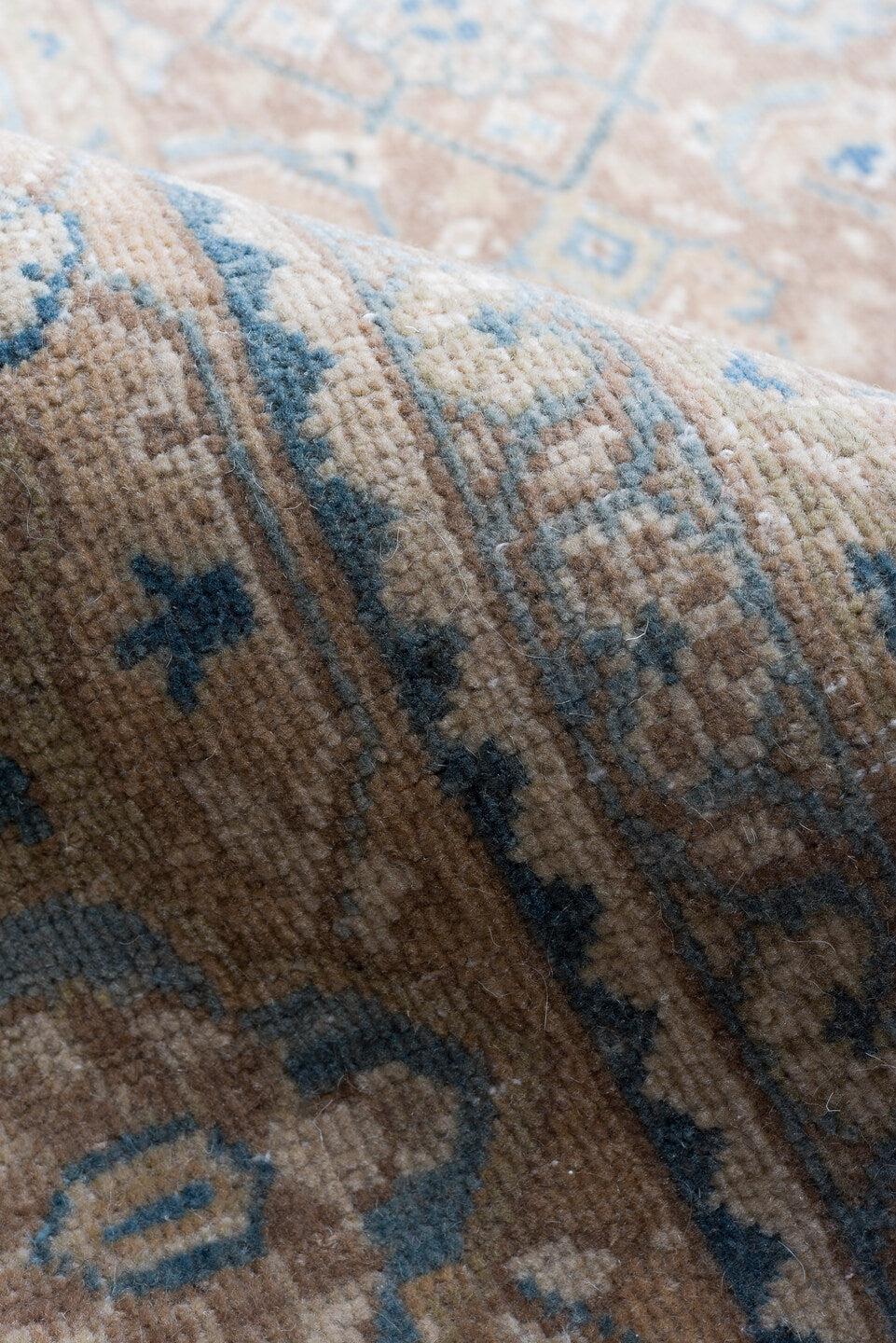 9' x 13' one-of-a-kind handmade vintage Mahal large size rug. Color palette: blue, brown, fiord, gray, light gray, off-white