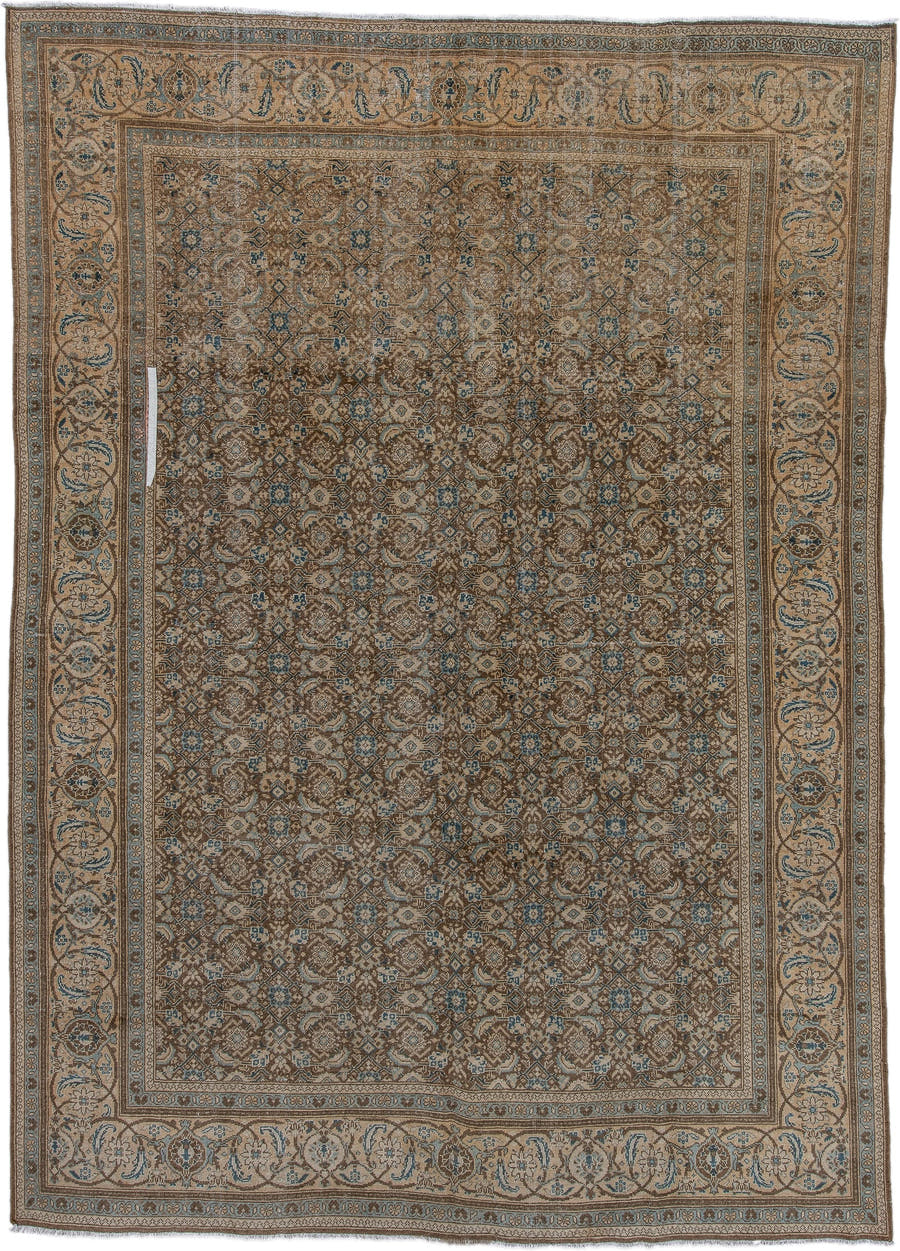 8' x 11' one-of-a-kind handmade vintage Mahal large size rug. Color palette: taupe, beige, brown, ivory, slate, camel, blue