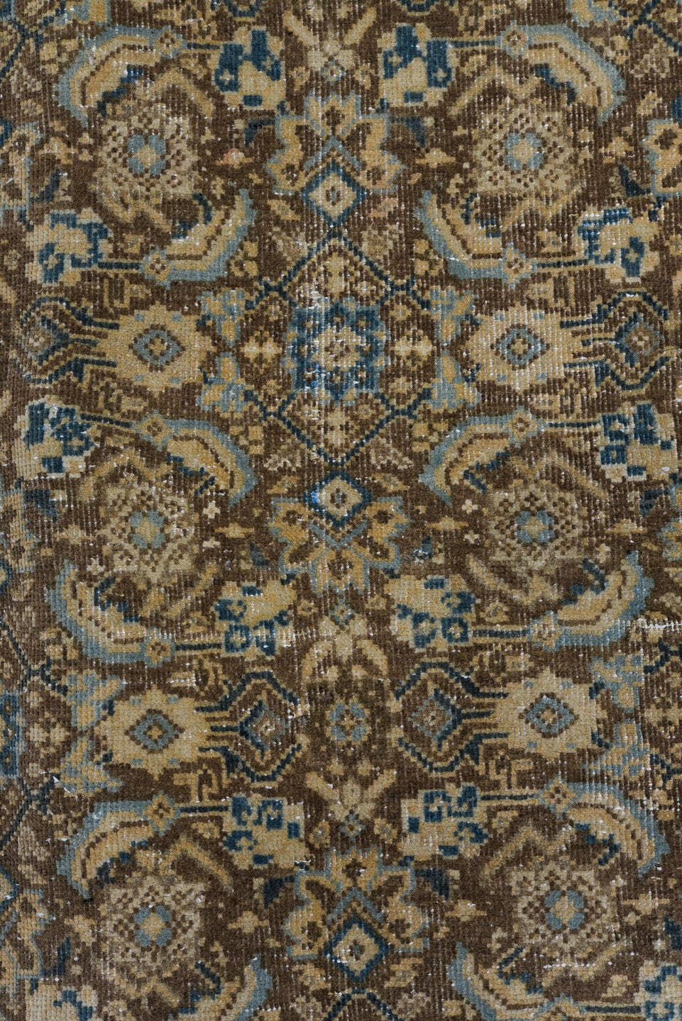 8' x 11' one-of-a-kind handmade vintage Mahal large size rug. Color palette: taupe, beige, brown, ivory, slate, camel, blue