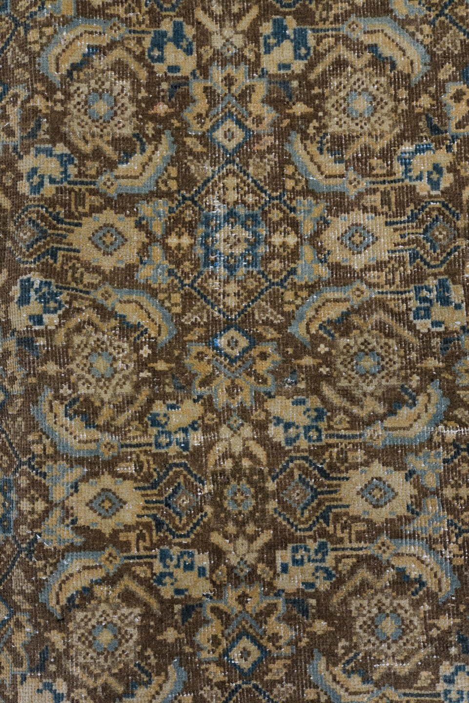 8' x 11' one-of-a-kind handmade vintage Mahal large size rug. Color palette: taupe, beige, brown, ivory, slate, camel, blue