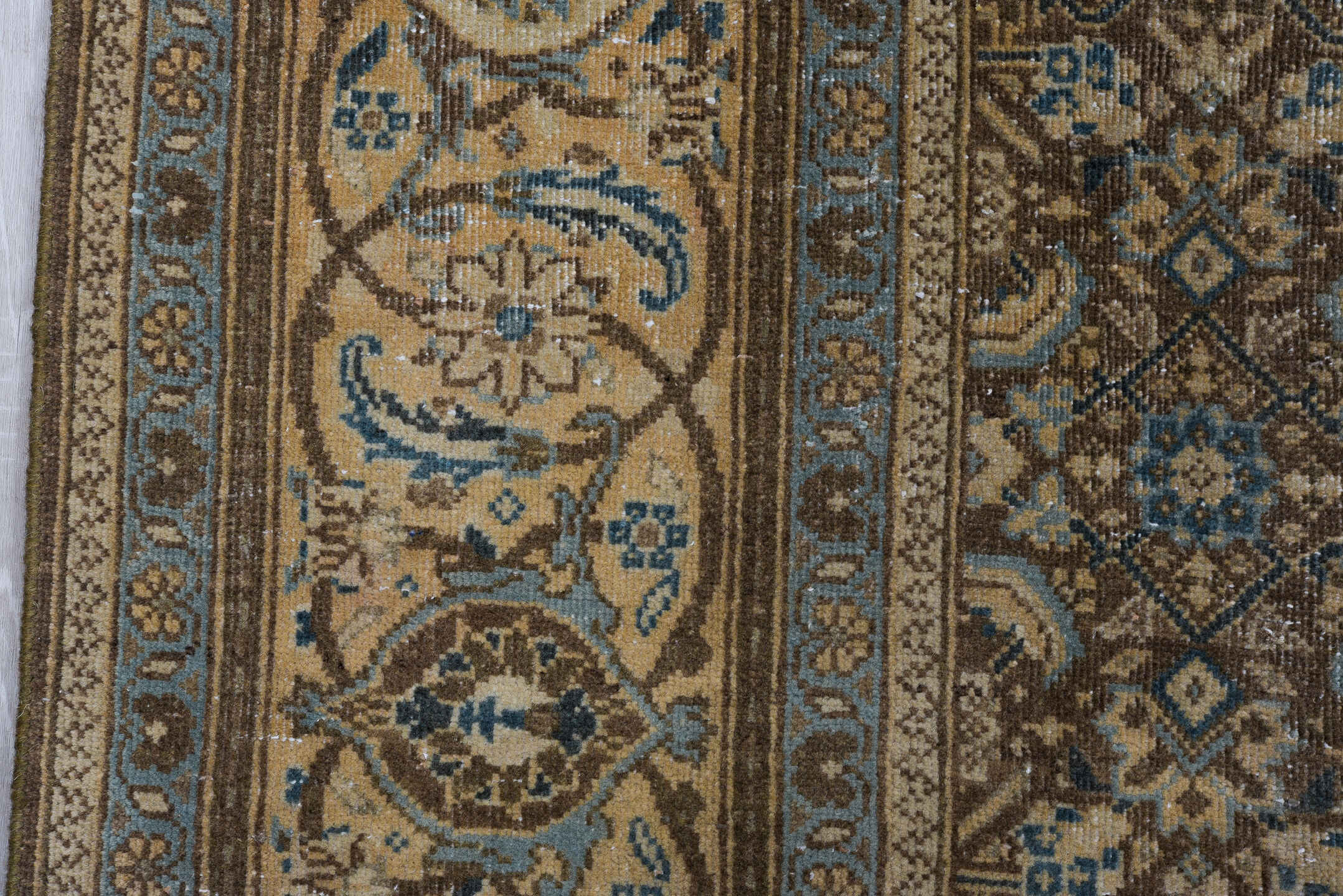 8' x 11' one-of-a-kind handmade vintage Mahal large size rug. Color palette: taupe, beige, brown, ivory, slate, camel, blue