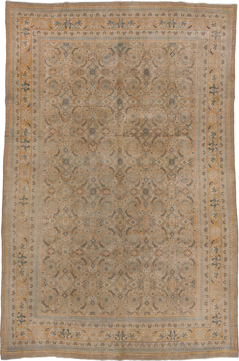 8' x 12' one-of-a-kind handmade vintage Mahal large size rug. Color palette: taupe, camel, ivory, slate, sage, gold, beige