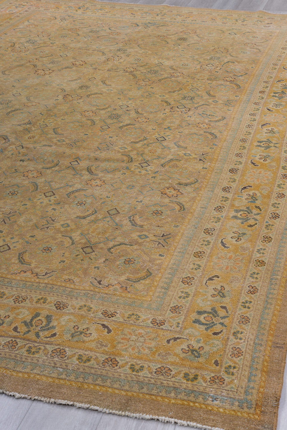 8' x 12' one-of-a-kind handmade vintage Mahal large size rug. Color palette: taupe, camel, ivory, slate, sage, gold, beige