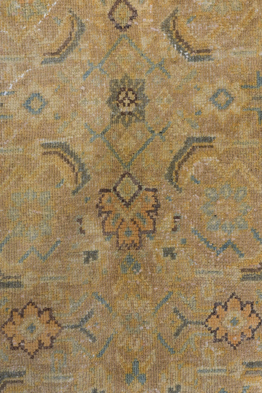 8' x 12' one-of-a-kind handmade vintage Mahal large size rug. Color palette: taupe, camel, ivory, slate, sage, gold, beige