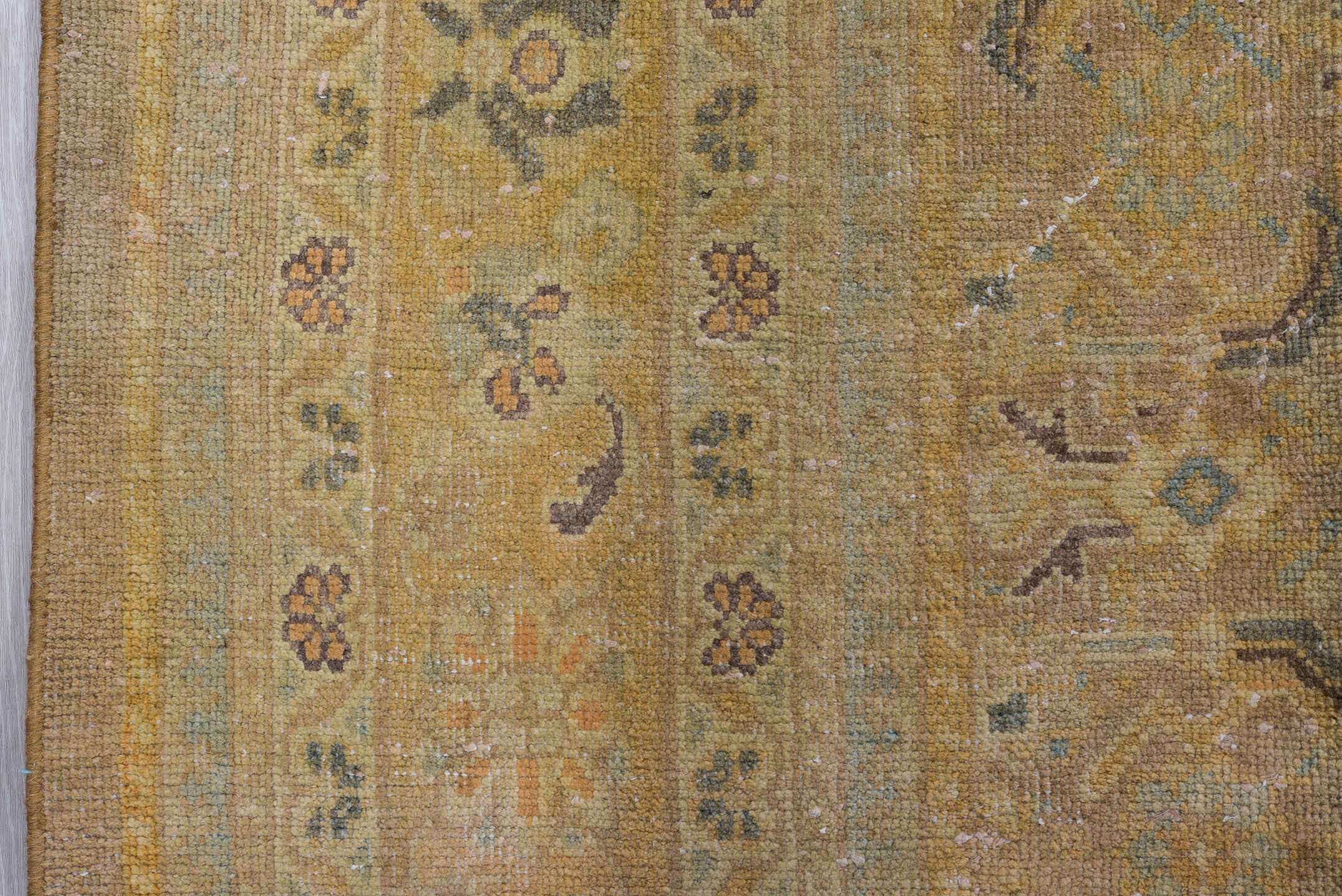 8' x 12' one-of-a-kind handmade vintage Mahal large size rug. Color palette: taupe, camel, ivory, slate, sage, gold, beige