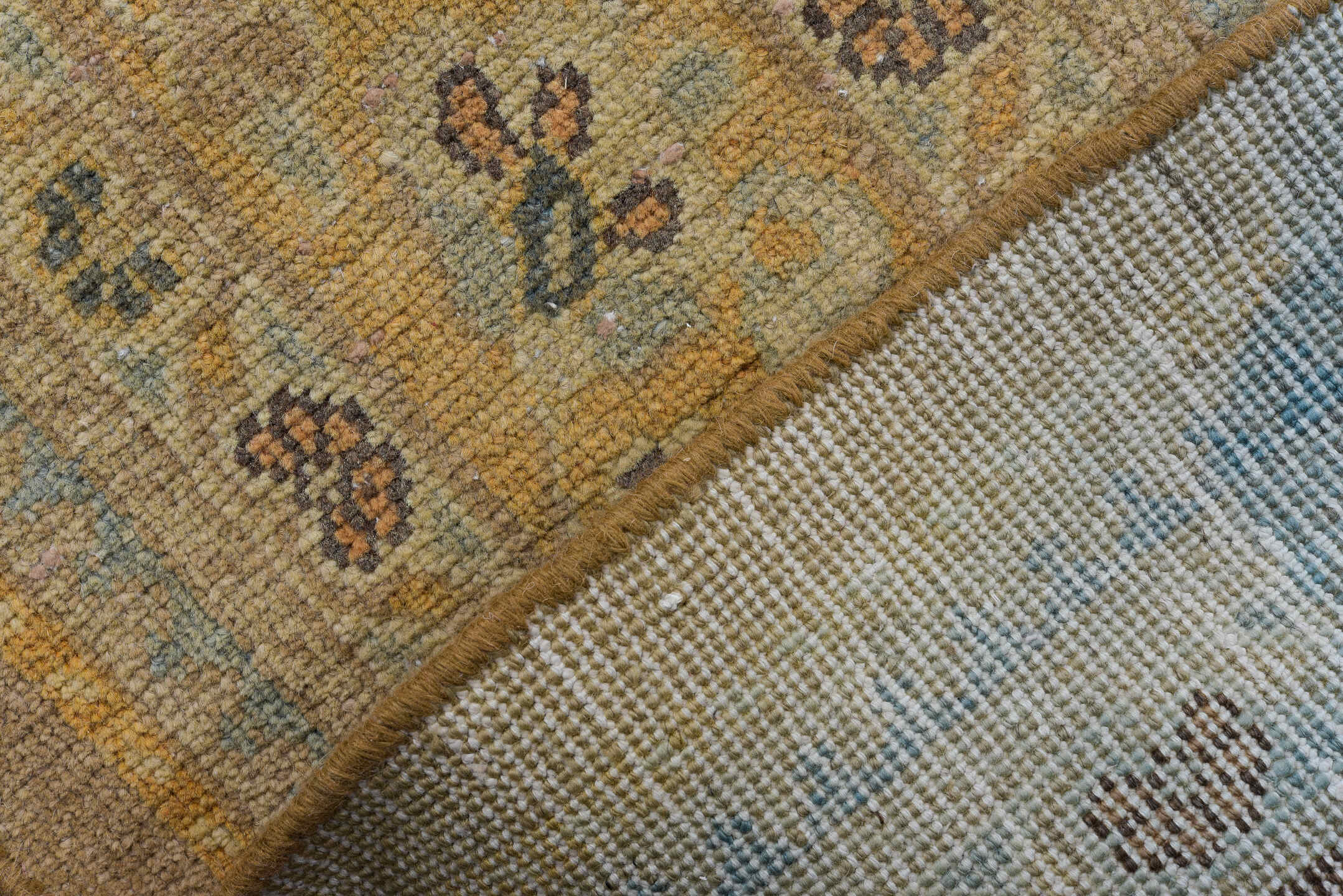 8' x 12' one-of-a-kind handmade vintage Mahal large size rug. Color palette: taupe, camel, ivory, slate, sage, gold, beige