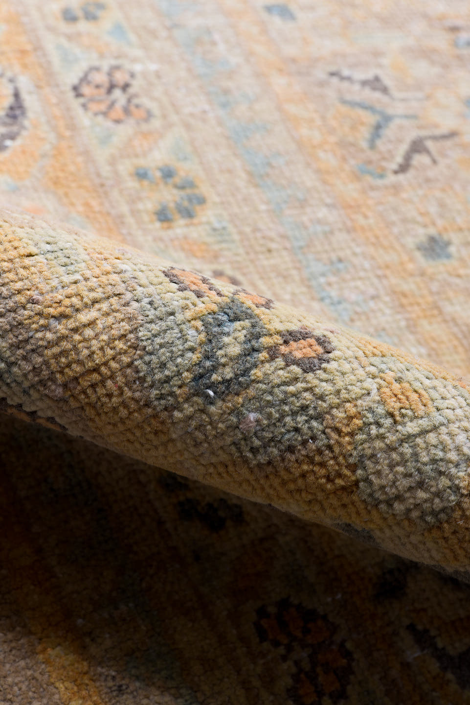 8' x 12' one-of-a-kind handmade vintage Mahal large size rug. Color palette: taupe, camel, ivory, slate, sage, gold, beige