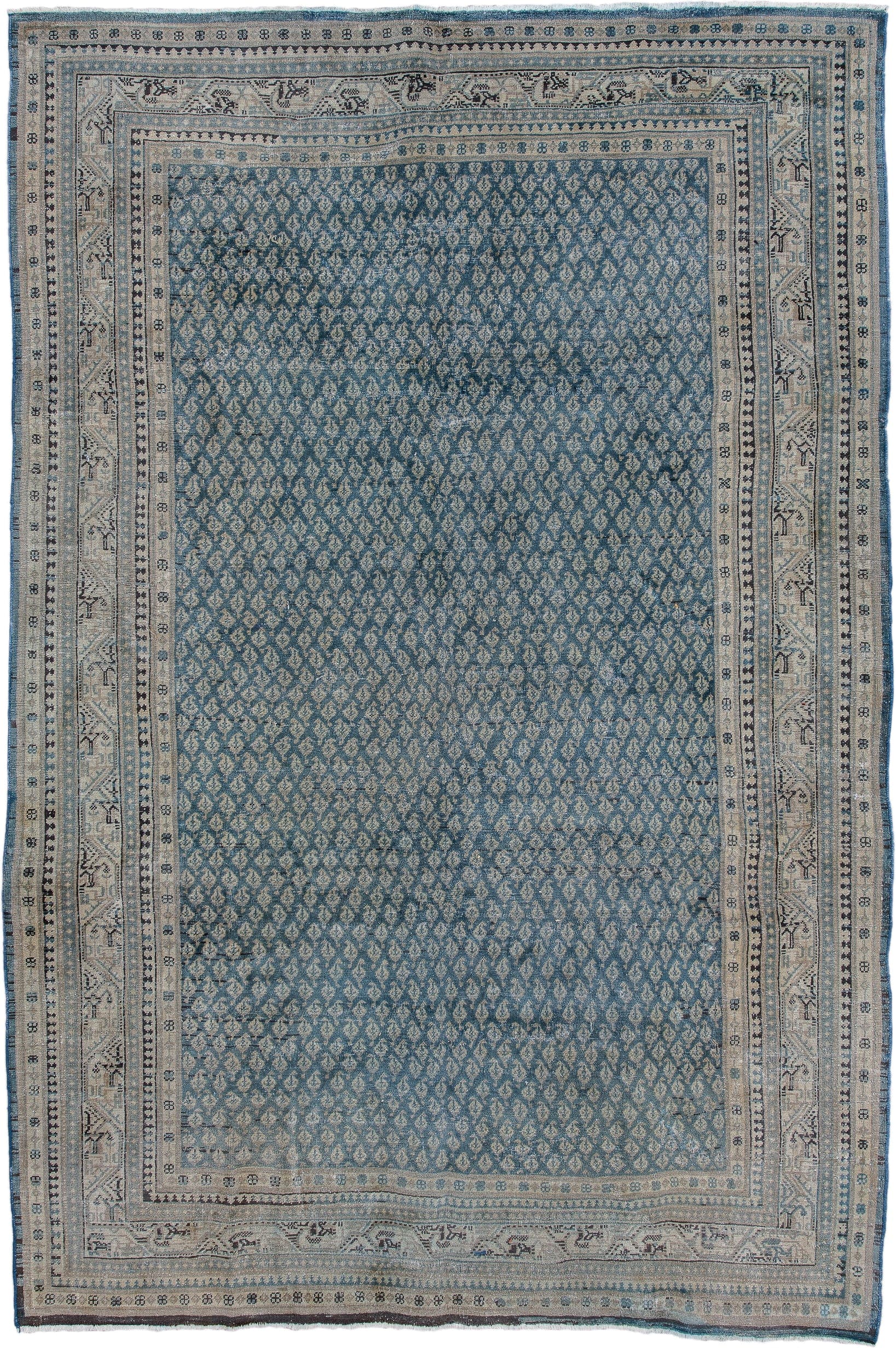 7' x 10' one-of-a-kind handmade vintage Tabriz large size rug. Color palette: blue, ivory, slate, charcoal, taupe, gray