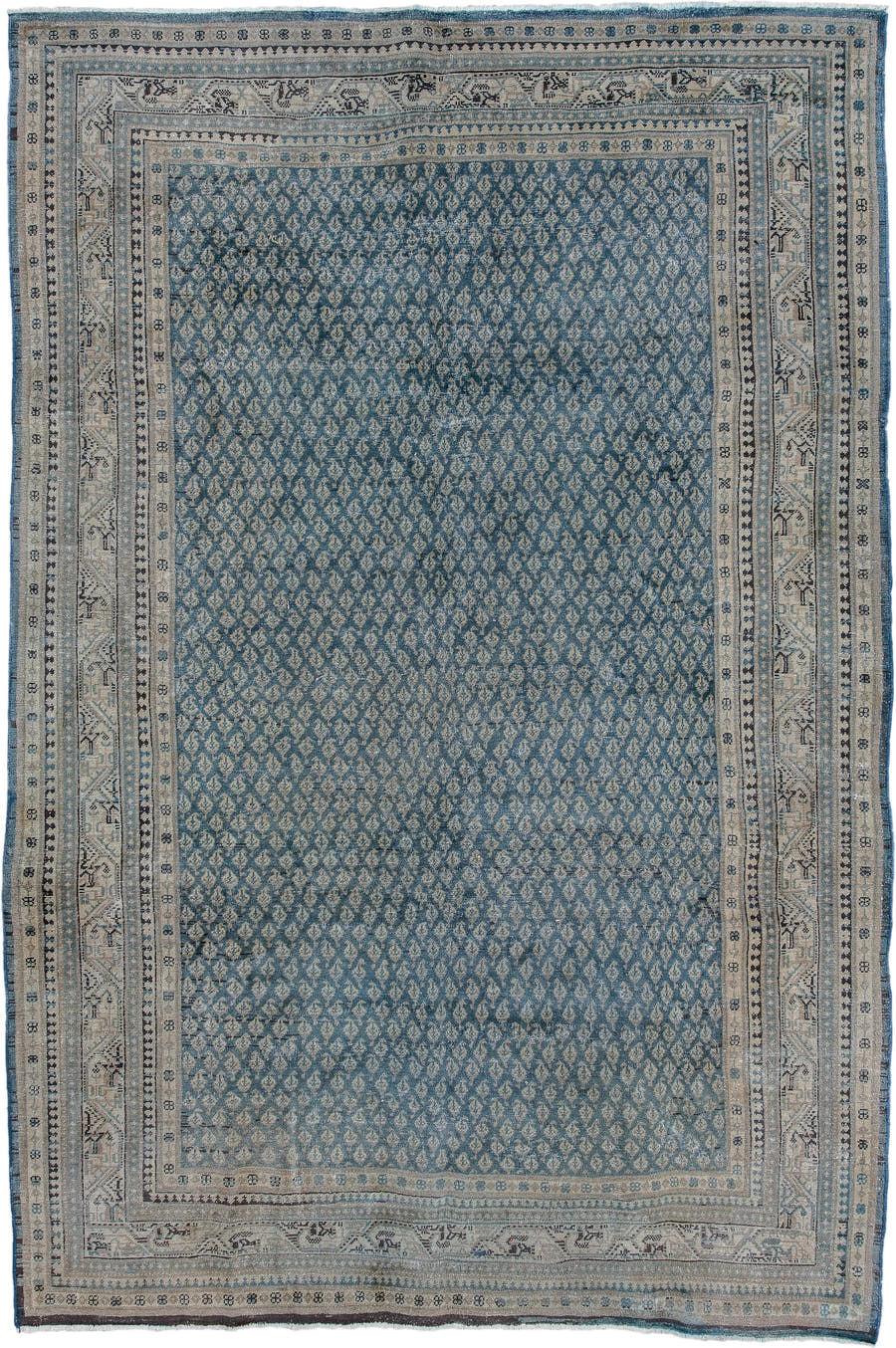 7' x 10' one-of-a-kind handmade vintage Tabriz large size rug. Color palette: blue, ivory, slate, charcoal, taupe, gray