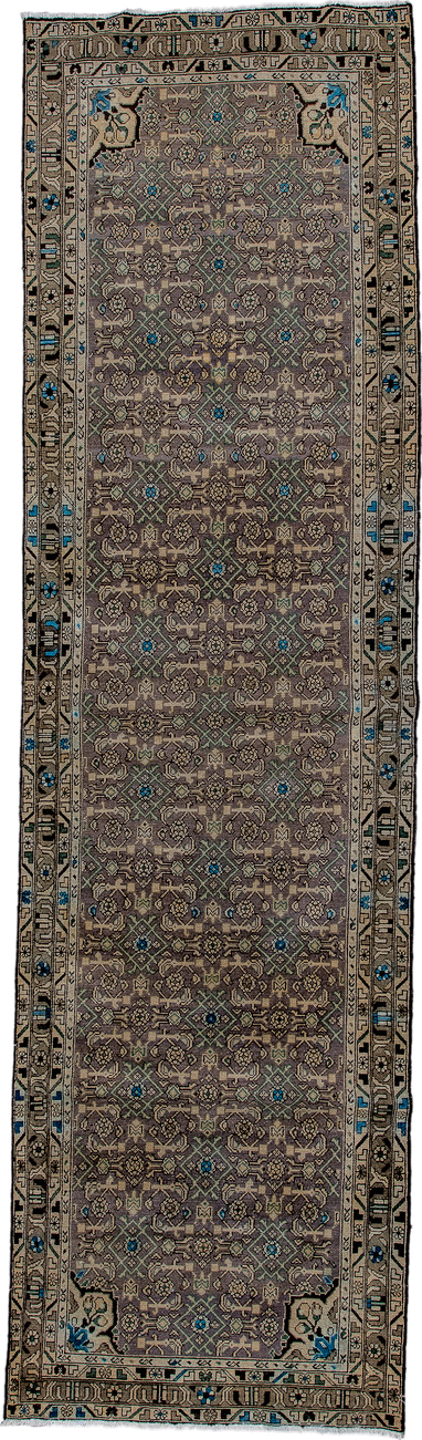 3' x 13' one-of-a-kind handmade vintage Malayer runner rug. Color palette: taupe, brown, ivory, charcoal, cobalt, camel