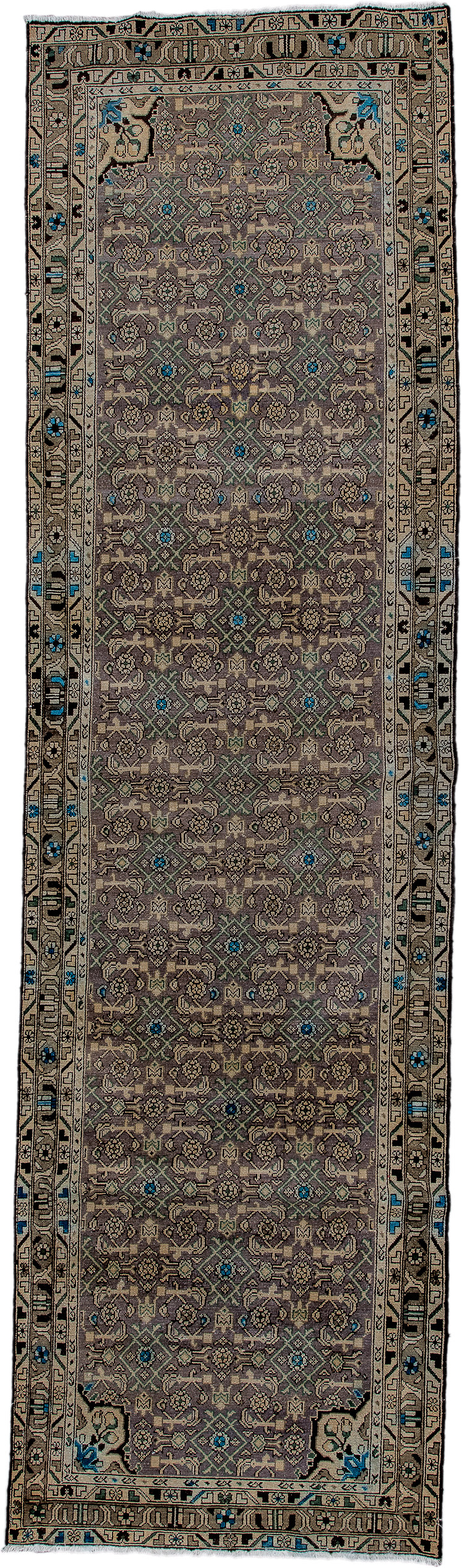 3' x 13' one-of-a-kind handmade vintage Malayer runner rug. Color palette: taupe, brown, ivory, charcoal, cobalt, camel