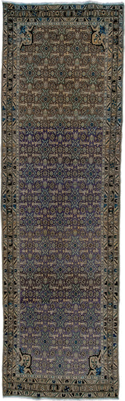 3' x 12' one-of-a-kind handmade vintage Malayer runner rug. Color palette: taupe, violet, ivory, brown, slate, teal