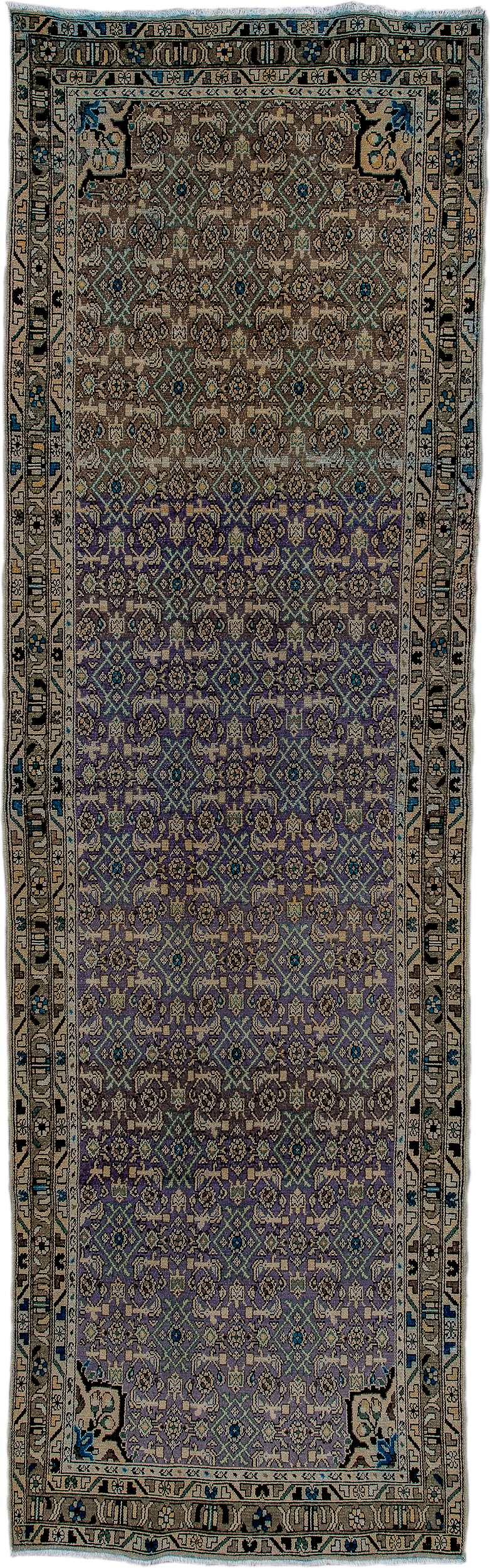 3' x 12' one-of-a-kind handmade vintage Malayer runner rug. Color palette: taupe, violet, ivory, brown, slate, teal