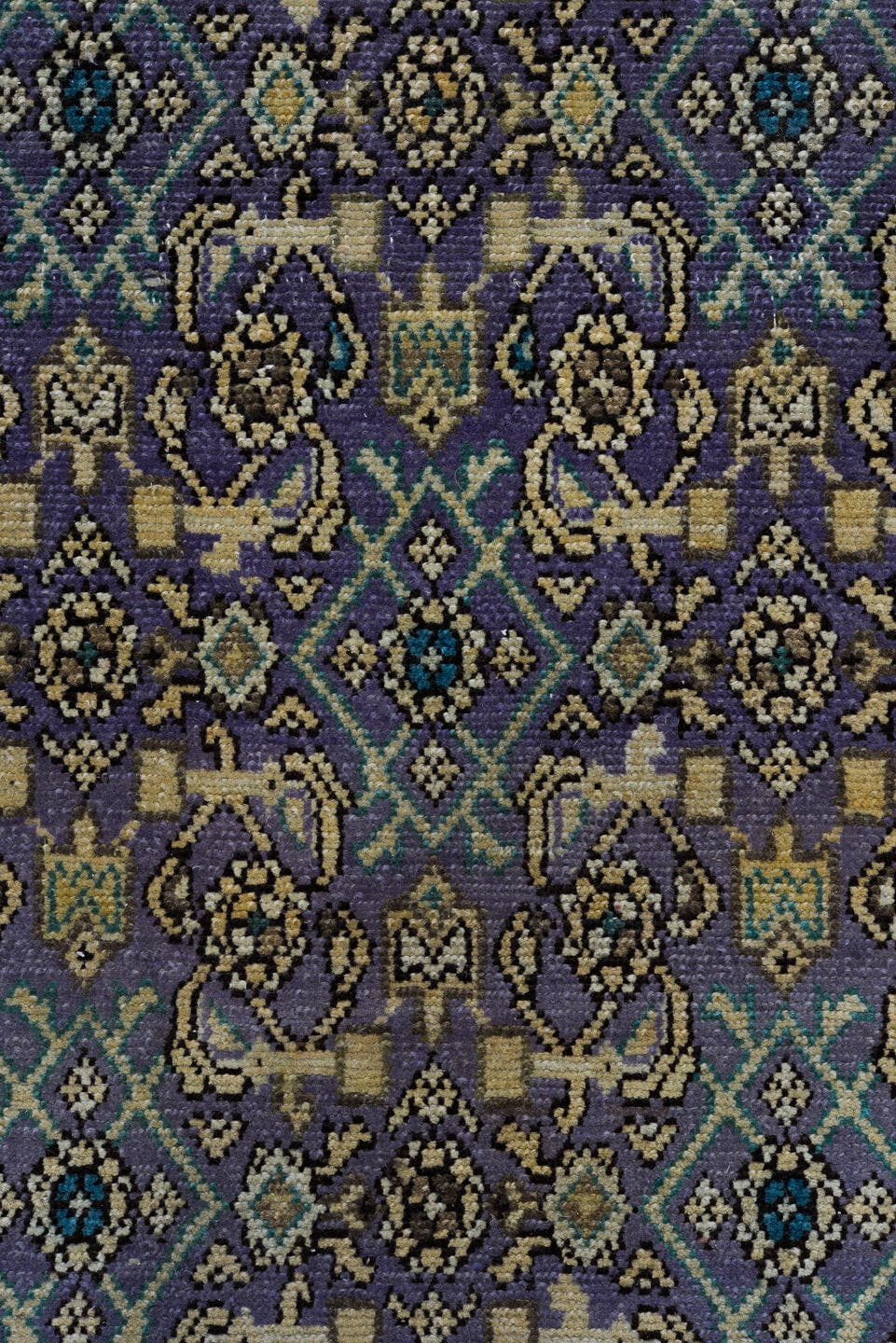 3' x 12' one-of-a-kind handmade vintage Malayer runner rug. Color palette: taupe, violet, ivory, brown, slate, teal
