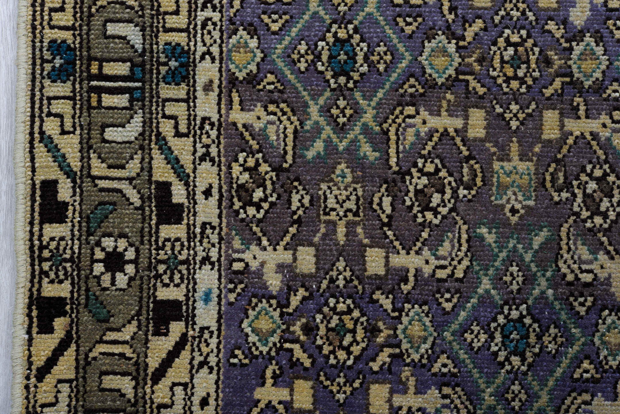 3' x 12' one-of-a-kind handmade vintage Malayer runner rug. Color palette: taupe, violet, ivory, brown, slate, teal