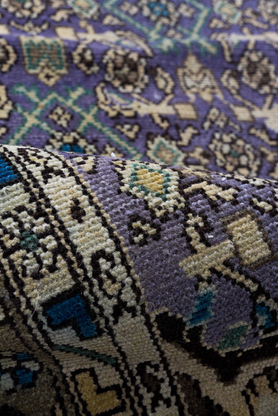 3' x 12' one-of-a-kind handmade vintage Malayer runner rug. Color palette: taupe, violet, ivory, brown, slate, teal