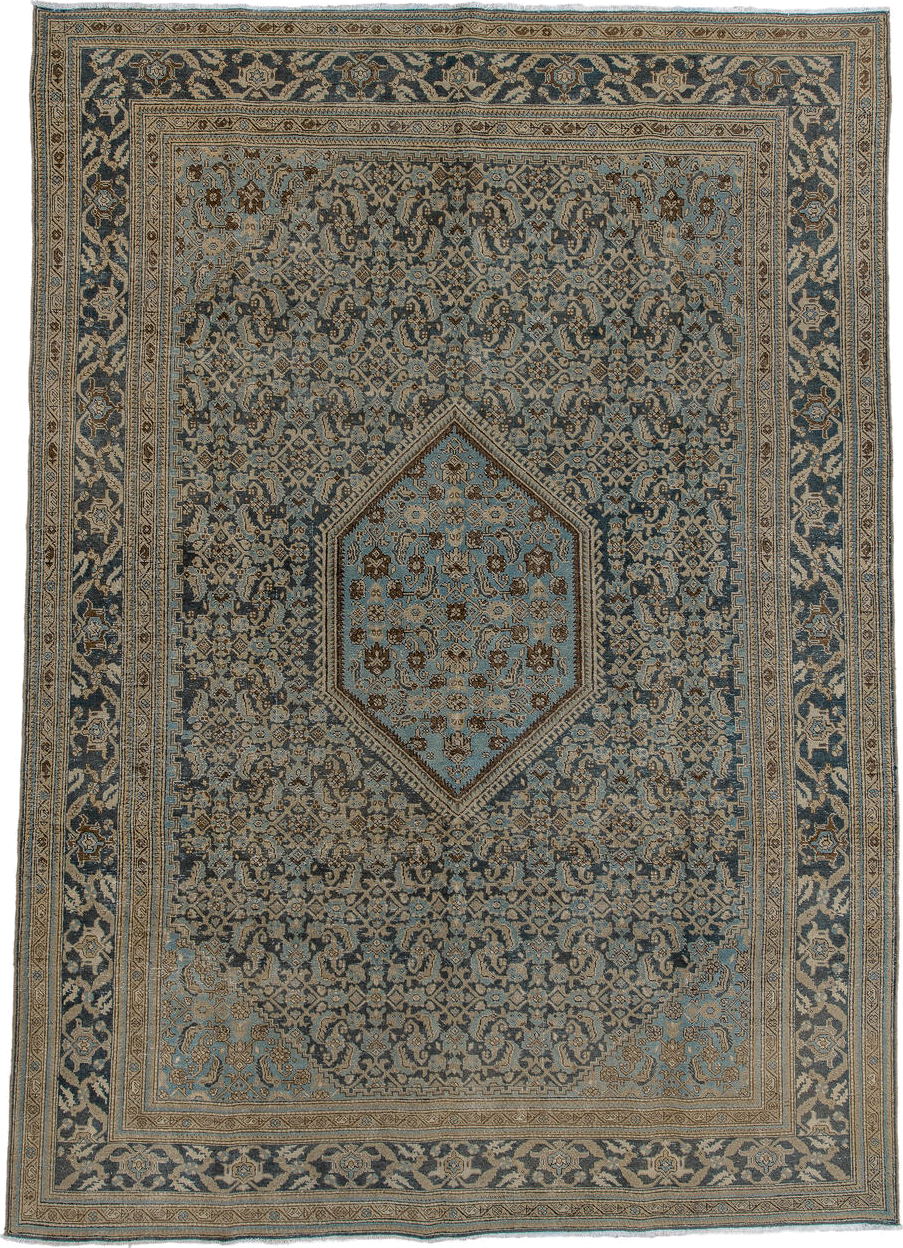 7' x 10' one-of-a-kind handmade vintage Tabriz large size rug. Color palette: blue, ivory, taupe, charcoal, slate, camel