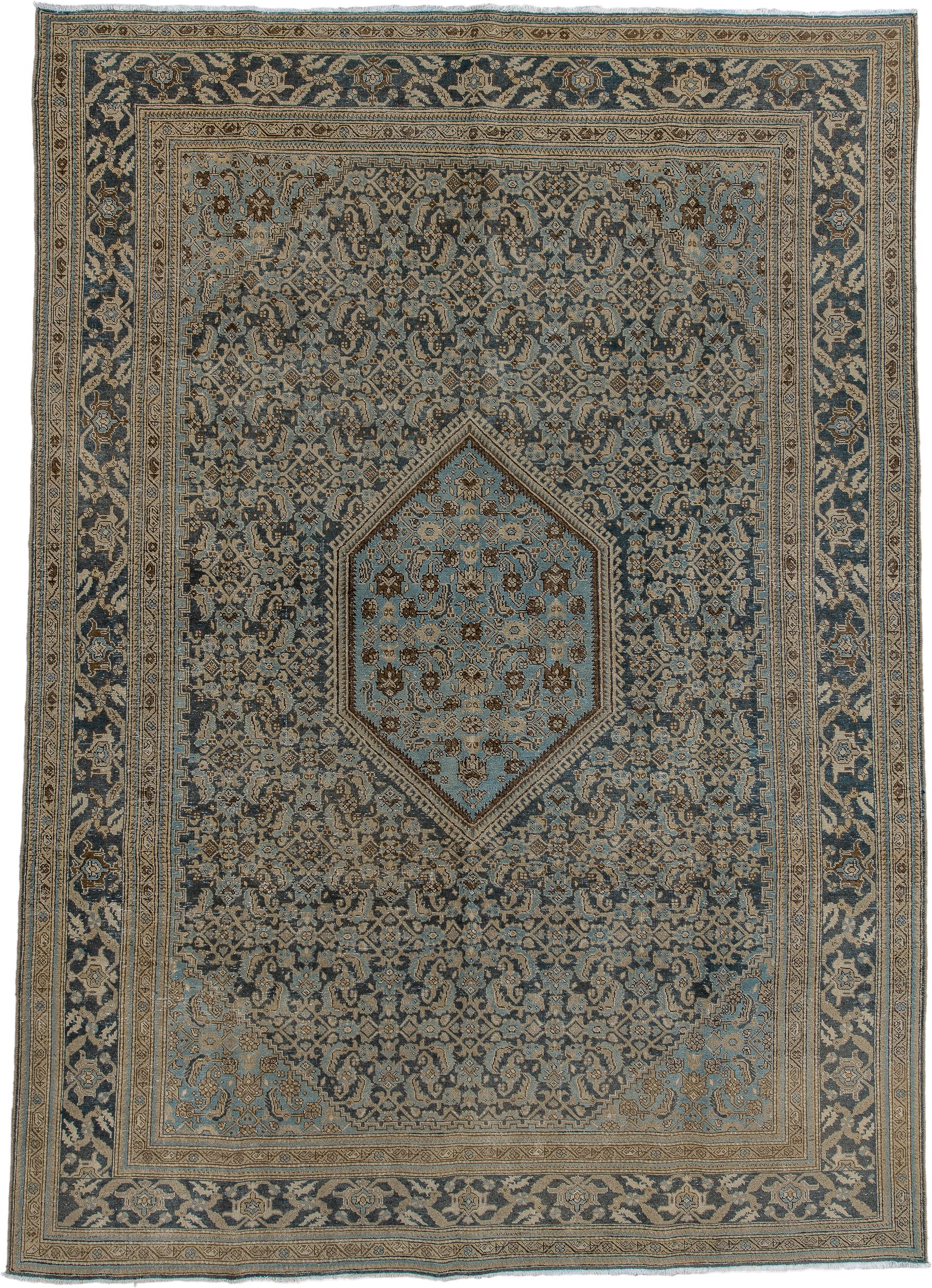 7' x 10' one-of-a-kind handmade vintage Tabriz large size rug. Color palette: blue, ivory, taupe, charcoal, slate, camel