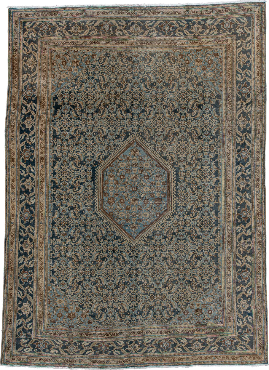 7' x 10' one-of-a-kind handmade vintage Tabriz large size rug. Color palette: blue, navy, ivory, camel, taupe, brown, beige