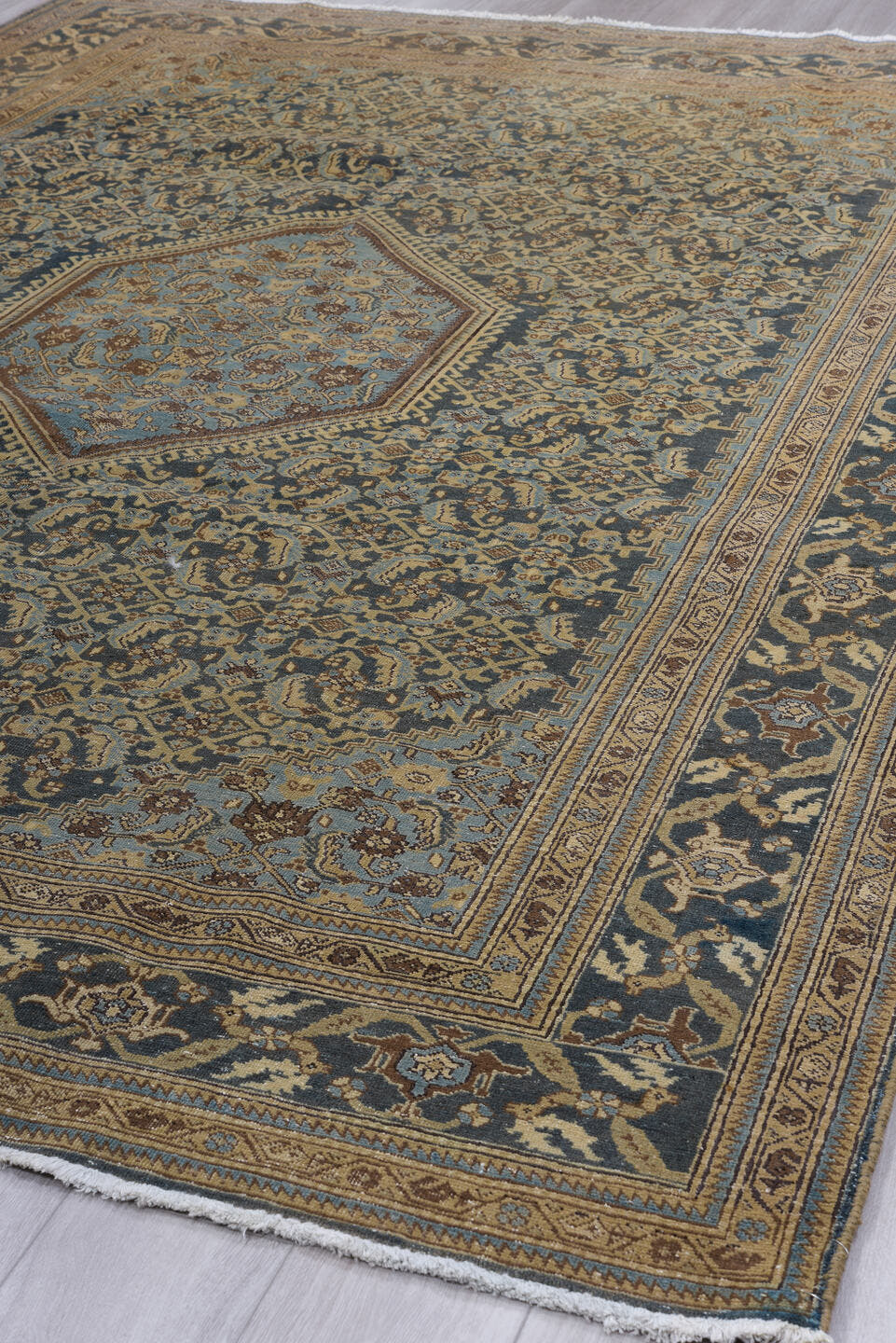 7' x 10' one-of-a-kind handmade vintage Tabriz large size rug. Color palette: blue, navy, ivory, camel, taupe, brown, beige