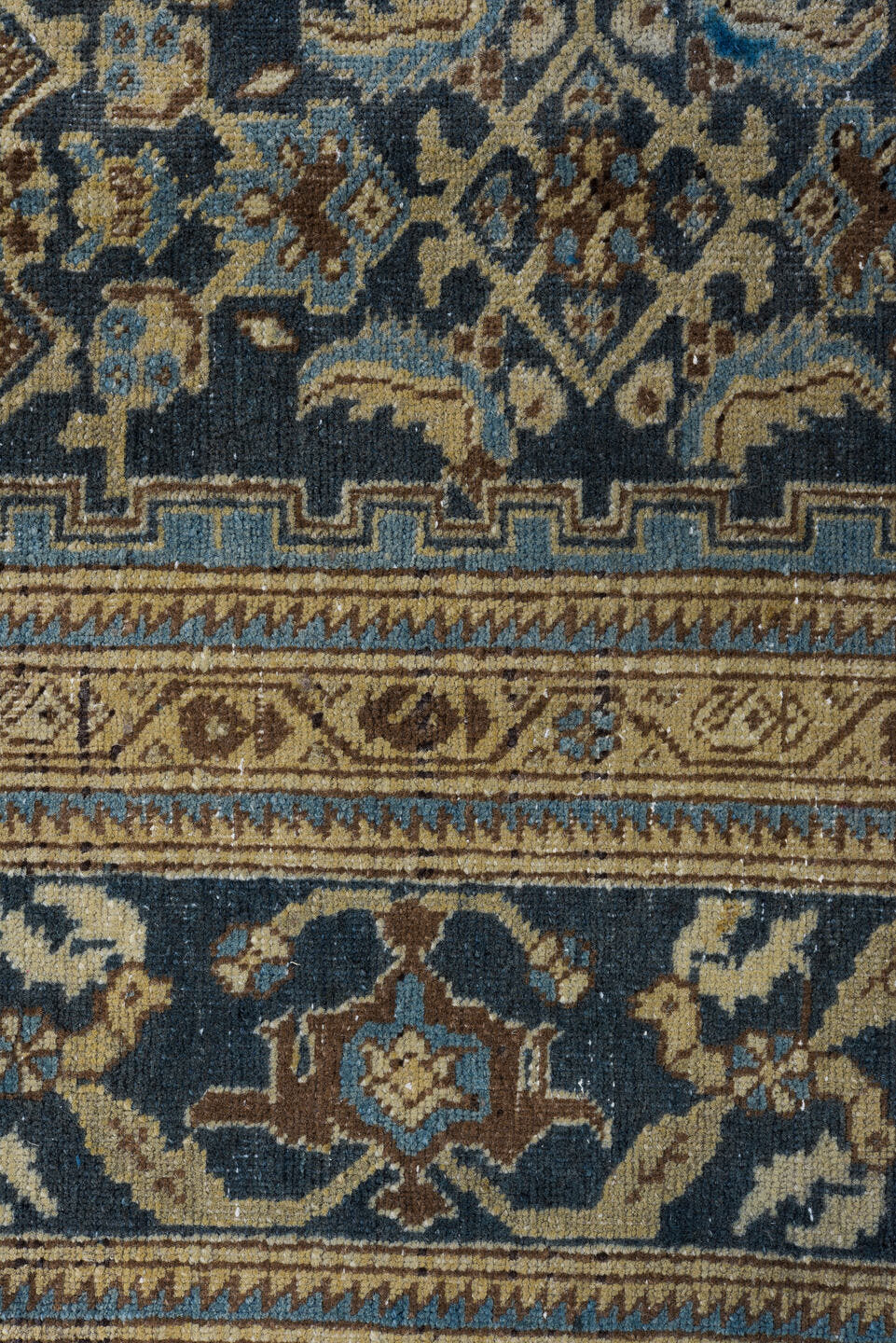 7' x 10' one-of-a-kind handmade vintage Tabriz large size rug. Color palette: blue, navy, ivory, camel, taupe, brown, beige