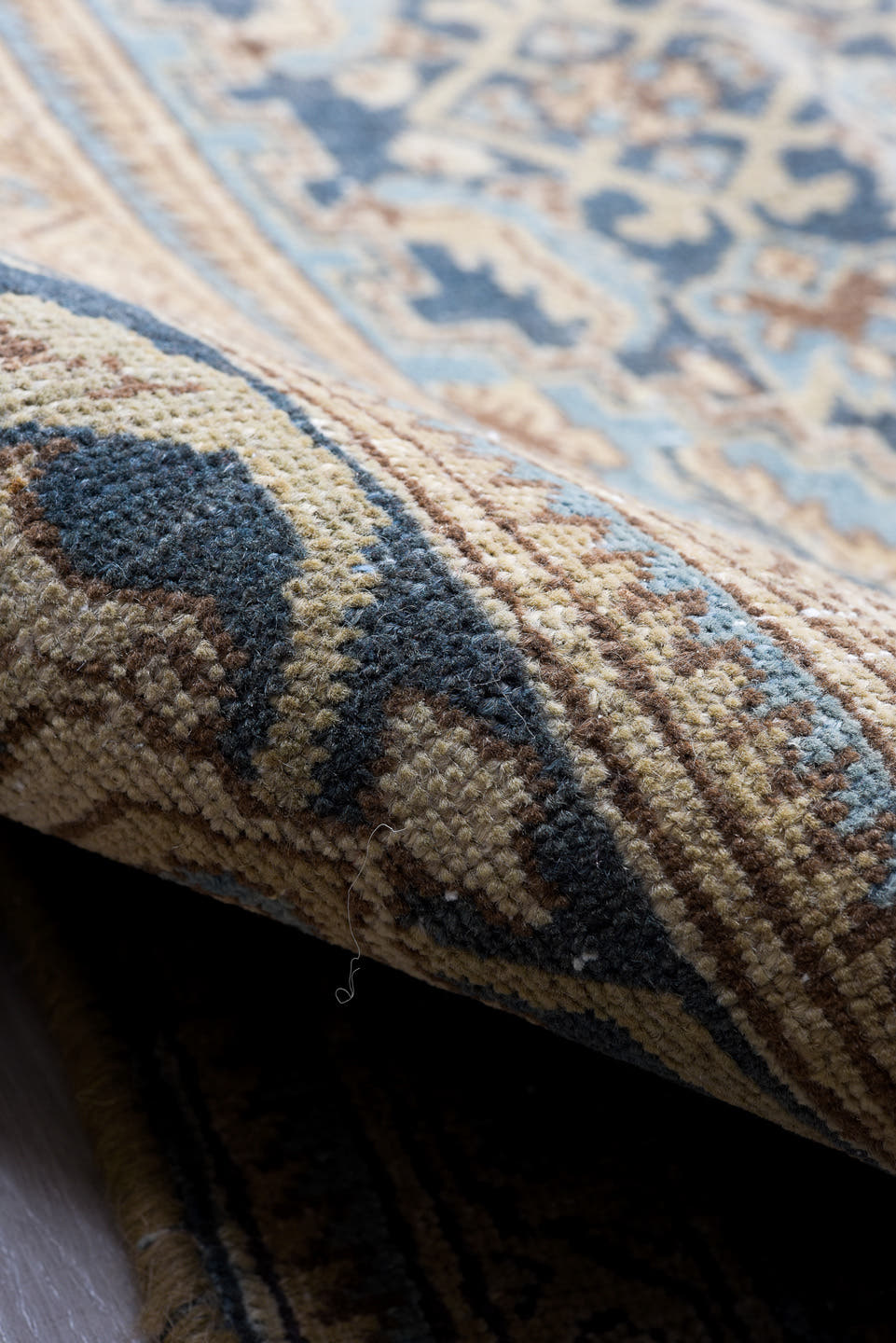 7' x 10' one-of-a-kind handmade vintage Tabriz large size rug. Color palette: blue, navy, ivory, camel, taupe, brown, beige