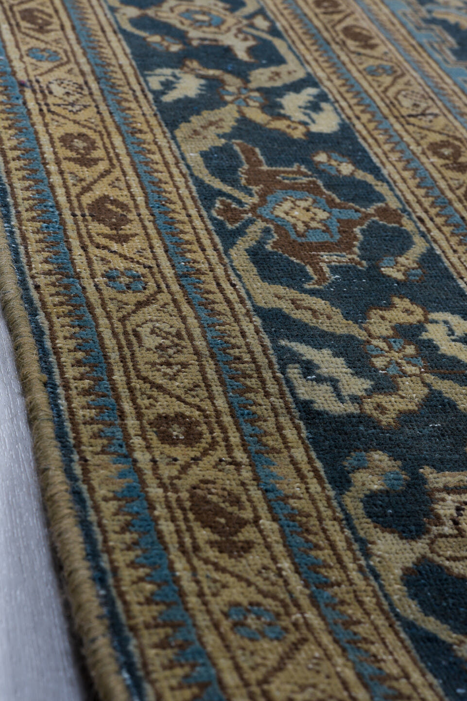 7' x 10' one-of-a-kind handmade vintage Tabriz large size rug. Color palette: blue, navy, ivory, camel, taupe, brown, beige