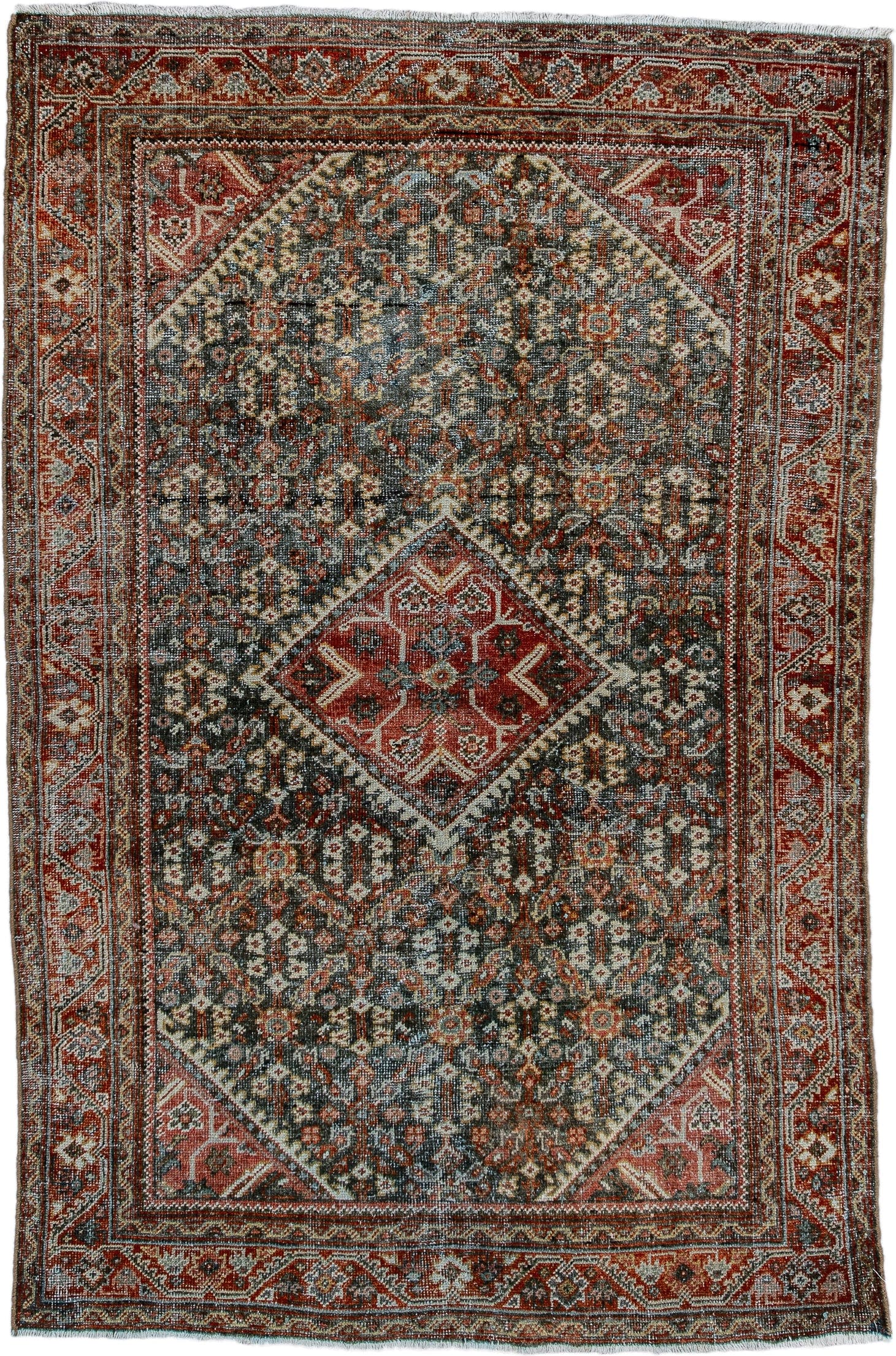 4' x 6' one-of-a-kind handmade vintage Mahal small size rug. Color palette: charcoal, rust, ivory, brick, slate, rose, taupe