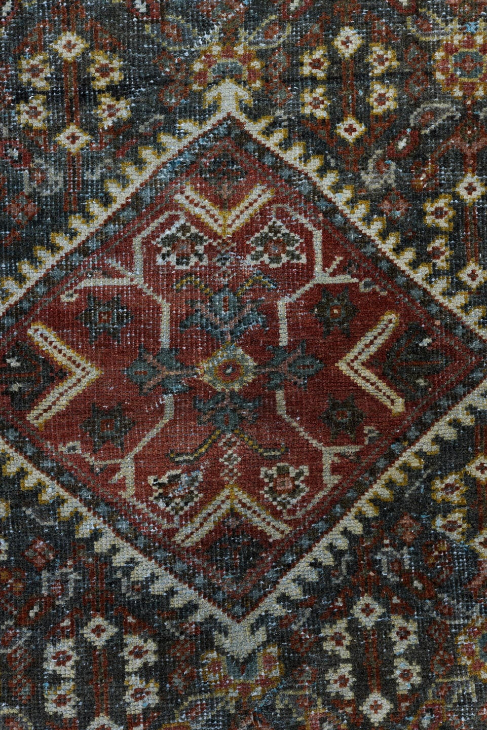 4' x 6' one-of-a-kind handmade vintage Mahal small size rug. Color palette: charcoal, rust, ivory, brick, slate, rose, taupe