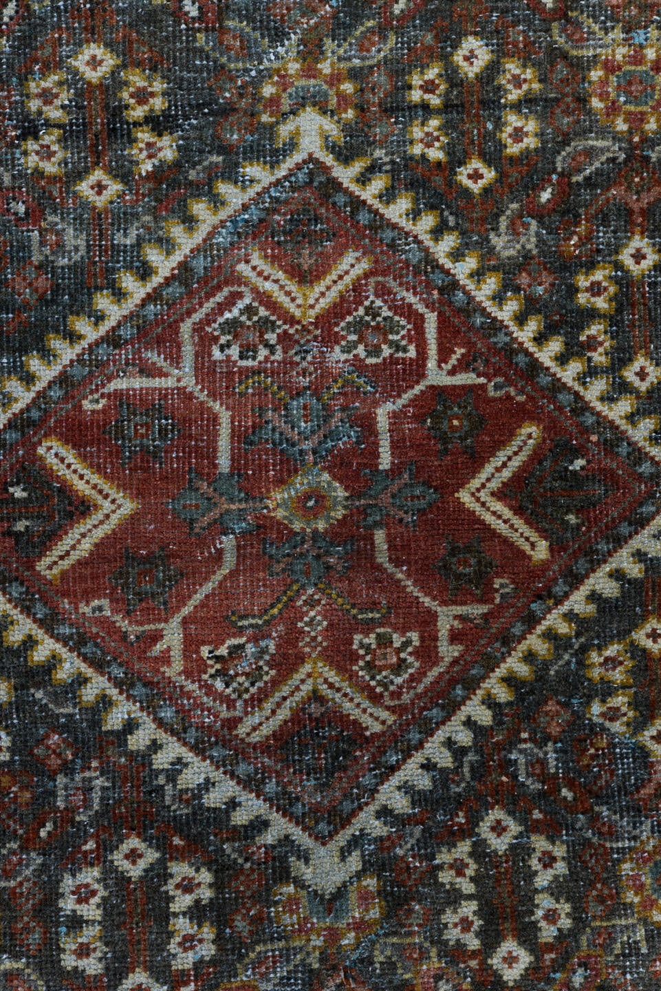 4' x 6' one-of-a-kind handmade vintage Mahal small size rug. Color palette: charcoal, rust, ivory, brick, slate, rose, taupe