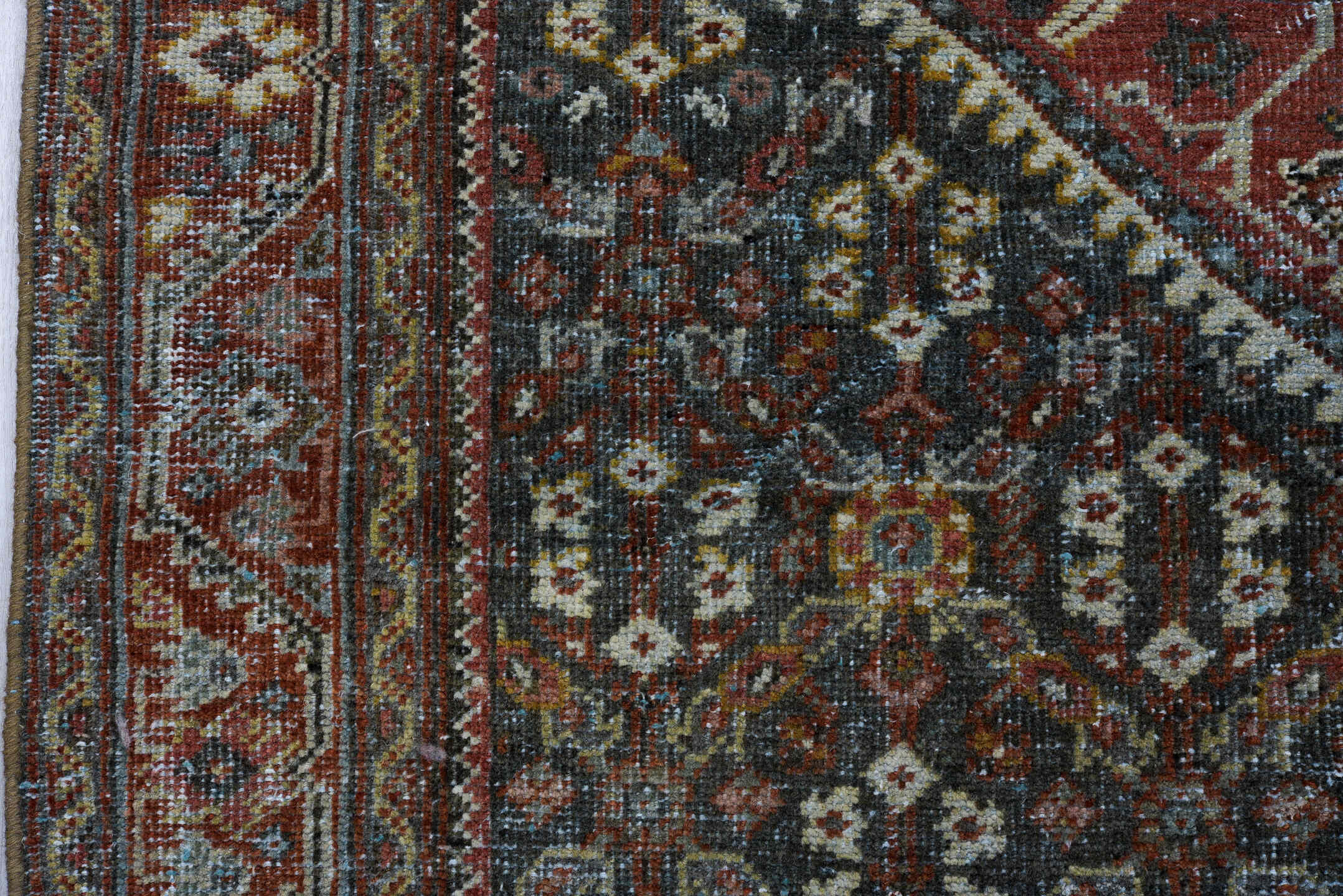 4' x 6' one-of-a-kind handmade vintage Mahal small size rug. Color palette: charcoal, rust, ivory, brick, slate, rose, taupe
