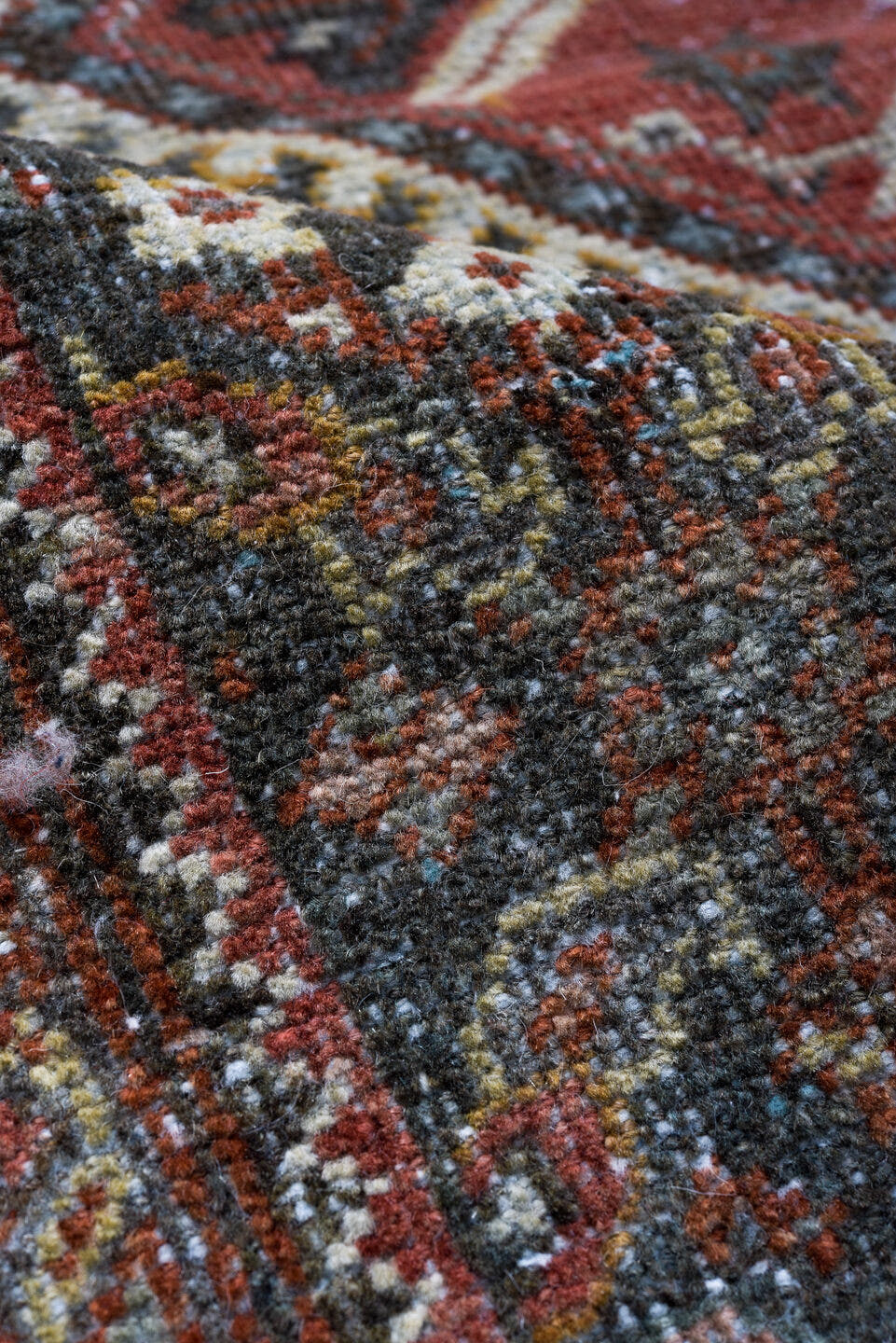 4' x 6' one-of-a-kind handmade vintage Mahal small size rug. Color palette: charcoal, rust, ivory, brick, slate, rose, taupe