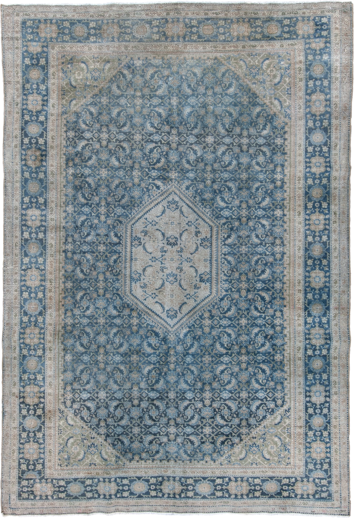 7' x 10' one-of-a-kind handmade vintage Tabriz large size rug. Color palette: blue, ivory, slate, cream, taupe, beige, gray