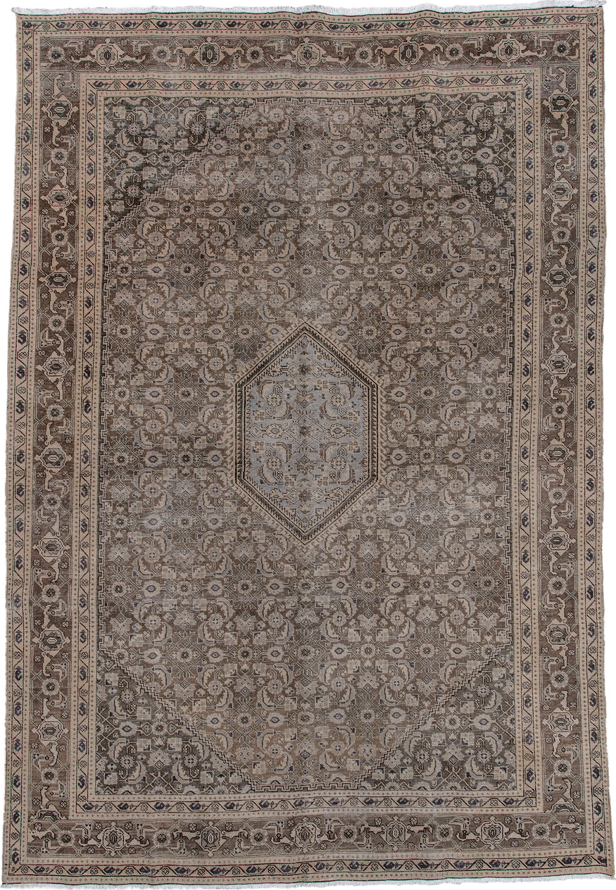 7' x 10' one-of-a-kind handmade vintage Tabriz large size rug. Color palette: taupe, brown, ivory, slate, charcoal, beige