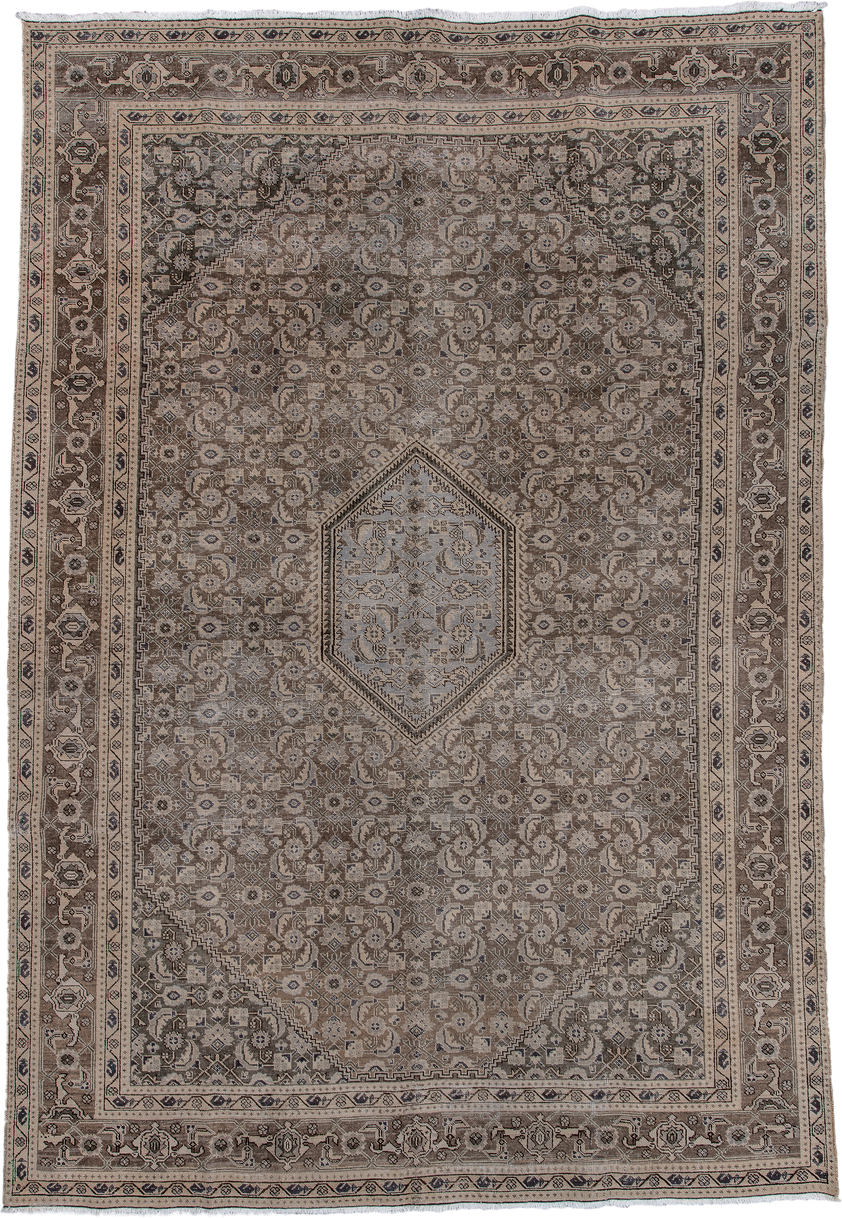 7' x 10' one-of-a-kind handmade vintage Tabriz large size rug. Color palette: taupe, brown, ivory, slate, charcoal, beige