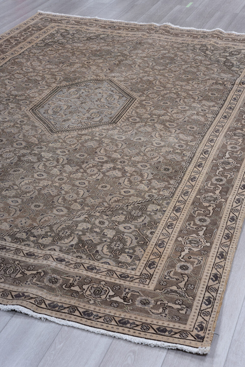 7' x 10' one-of-a-kind handmade vintage Tabriz large size rug. Color palette: taupe, brown, ivory, slate, charcoal, beige
