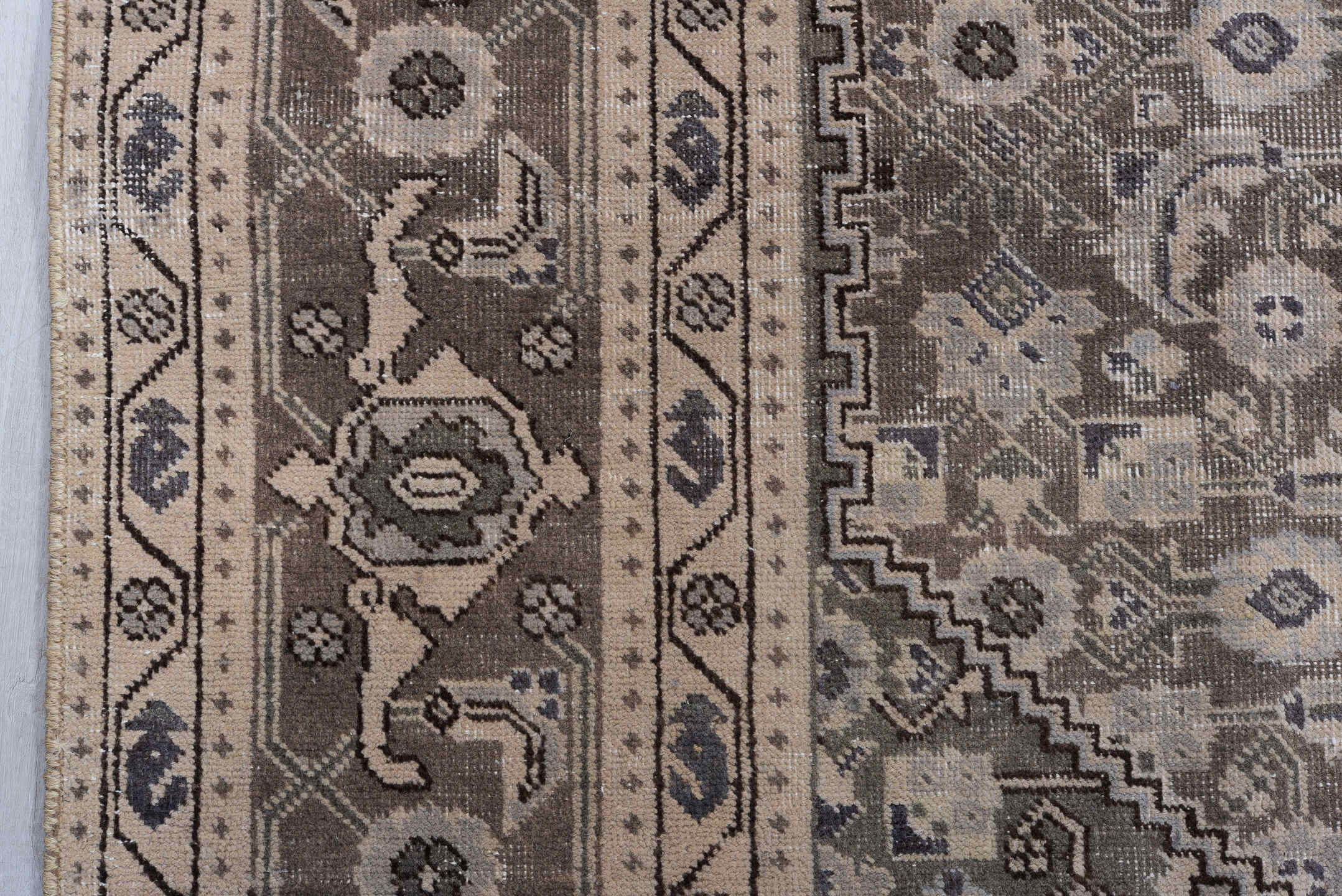 7' x 10' one-of-a-kind handmade vintage Tabriz large size rug. Color palette: taupe, brown, ivory, slate, charcoal, beige