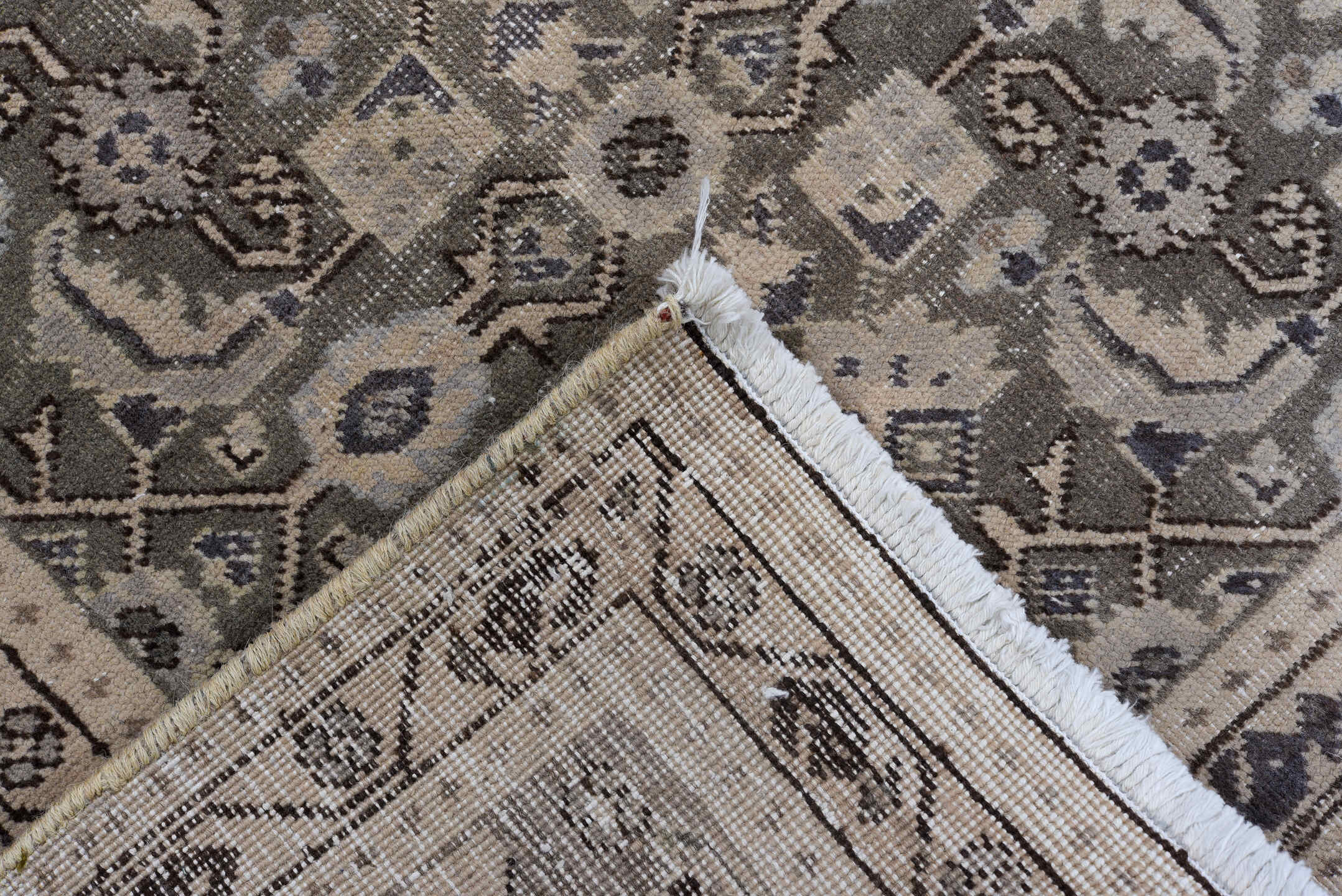 7' x 10' one-of-a-kind handmade vintage Tabriz large size rug. Color palette: taupe, brown, ivory, slate, charcoal, beige