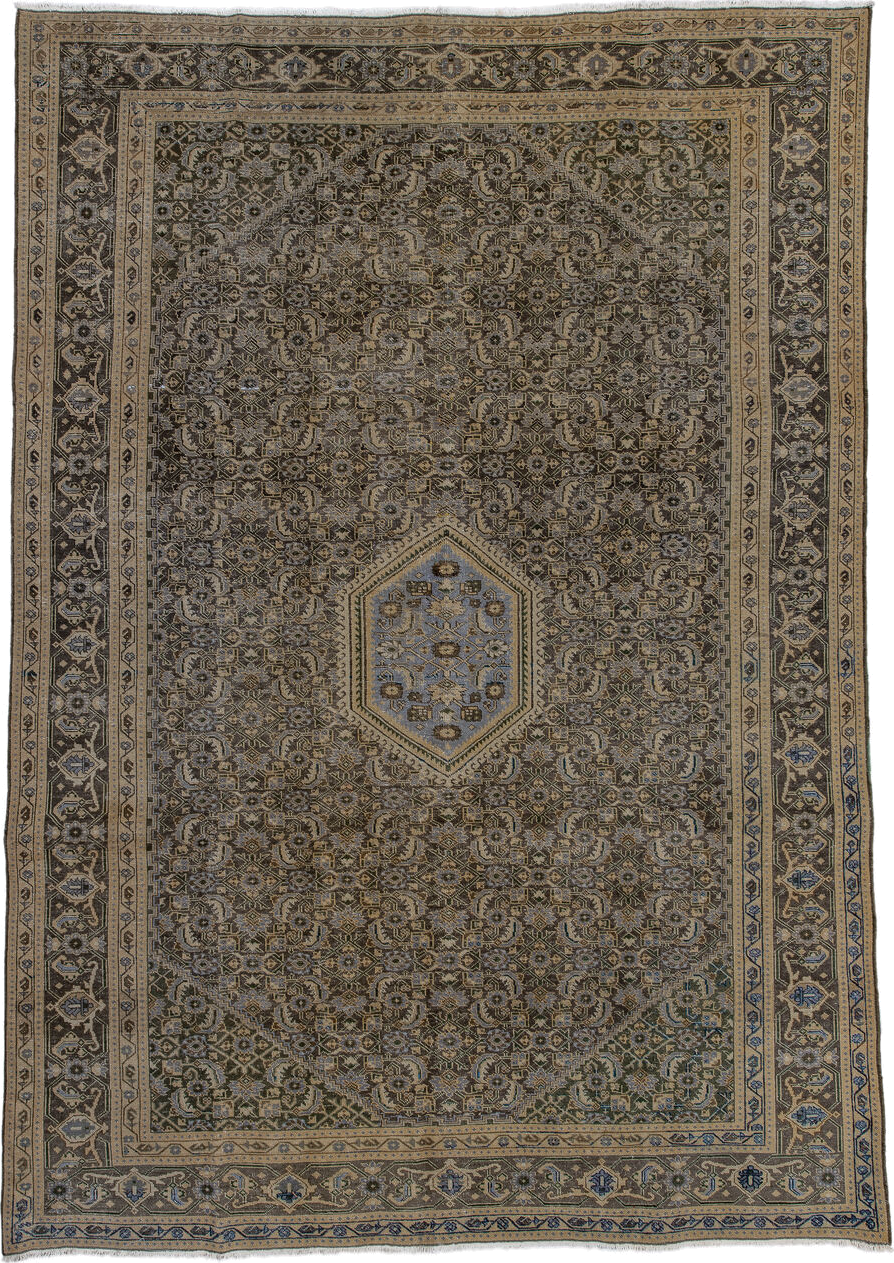 7' x 10' one-of-a-kind handmade vintage Tabriz large size rug. Color palette: taupe, charcoal, ivory, slate, camel, blue
