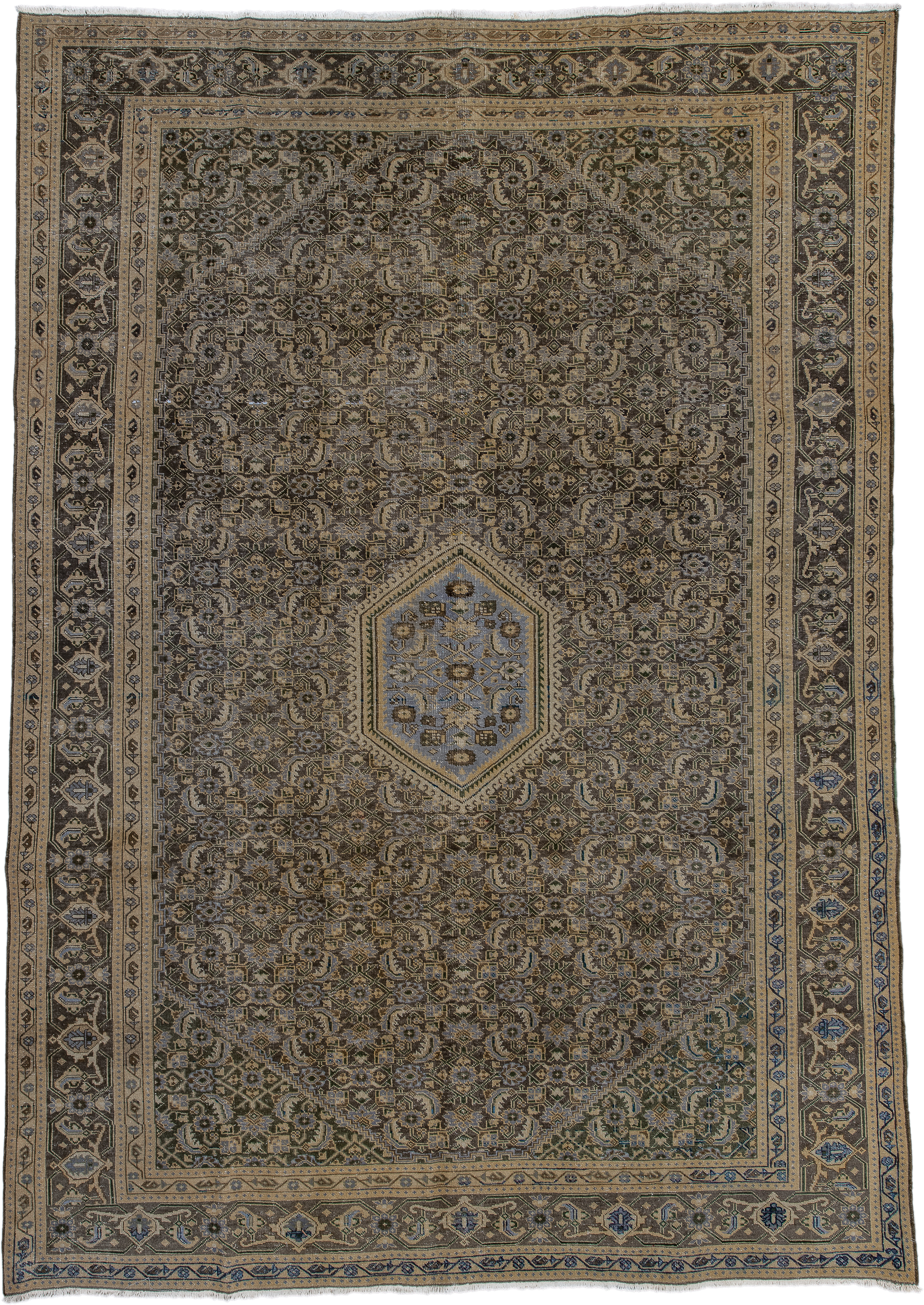 7' x 10' one-of-a-kind handmade vintage Tabriz large size rug. Color palette: taupe, charcoal, ivory, slate, camel, blue
