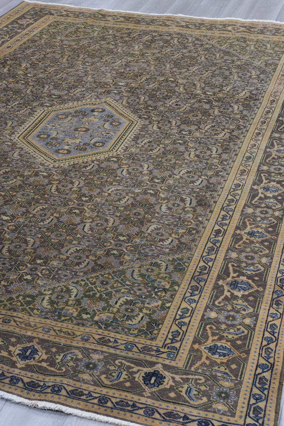 7' x 10' one-of-a-kind handmade vintage Tabriz large size rug. Color palette: taupe, charcoal, ivory, slate, camel, blue