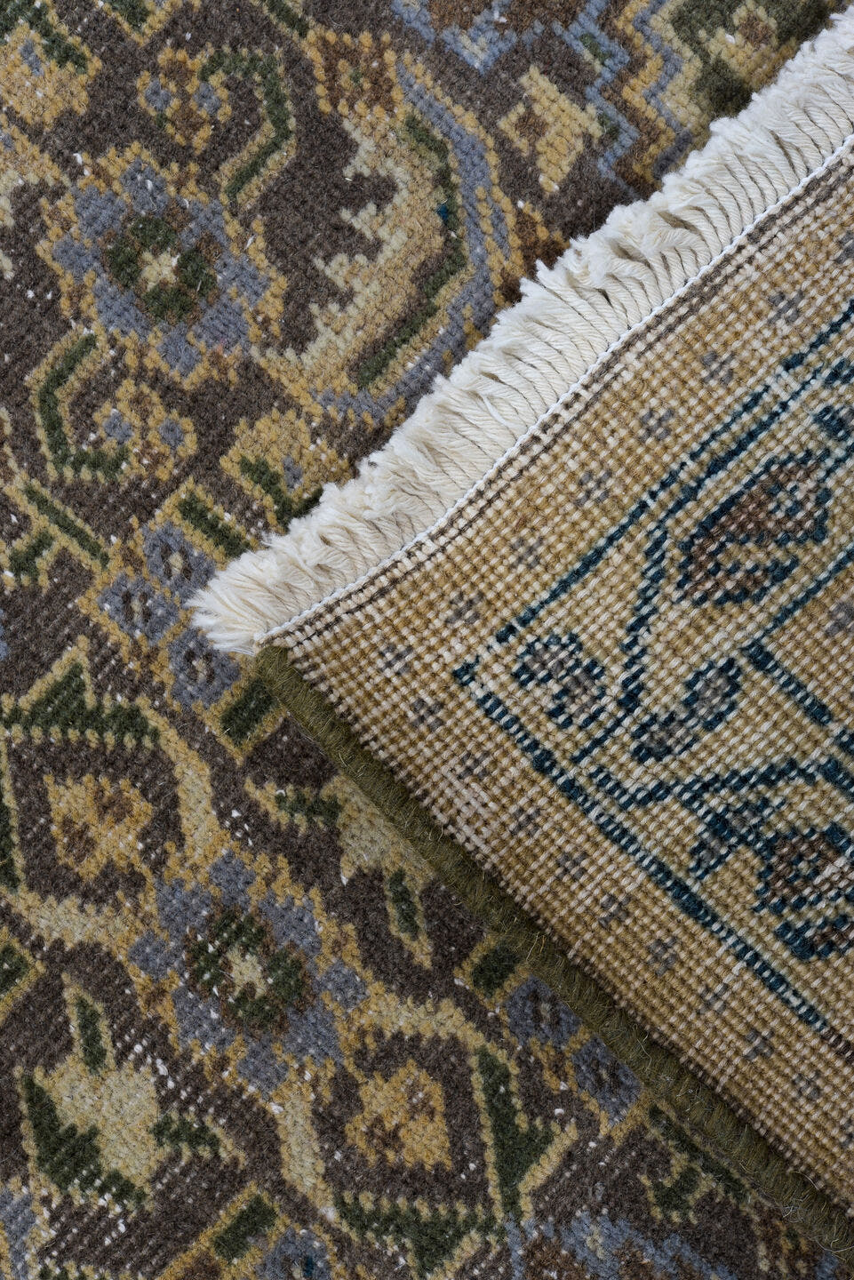 7' x 10' one-of-a-kind handmade vintage Tabriz large size rug. Color palette: taupe, charcoal, ivory, slate, camel, blue