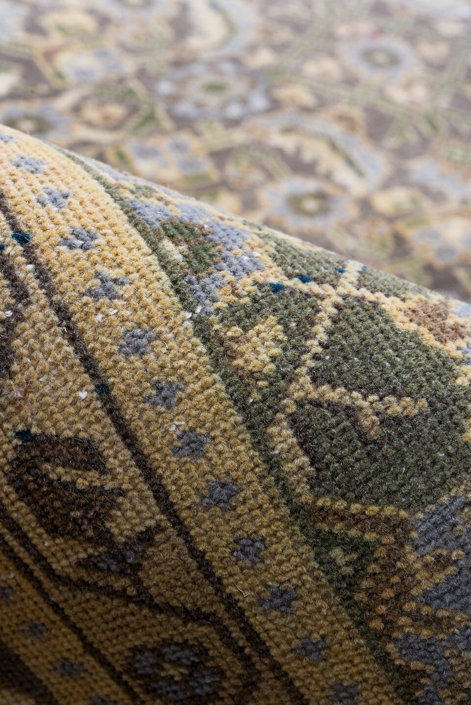 7' x 10' one-of-a-kind handmade vintage Tabriz large size rug. Color palette: taupe, charcoal, ivory, slate, camel, blue