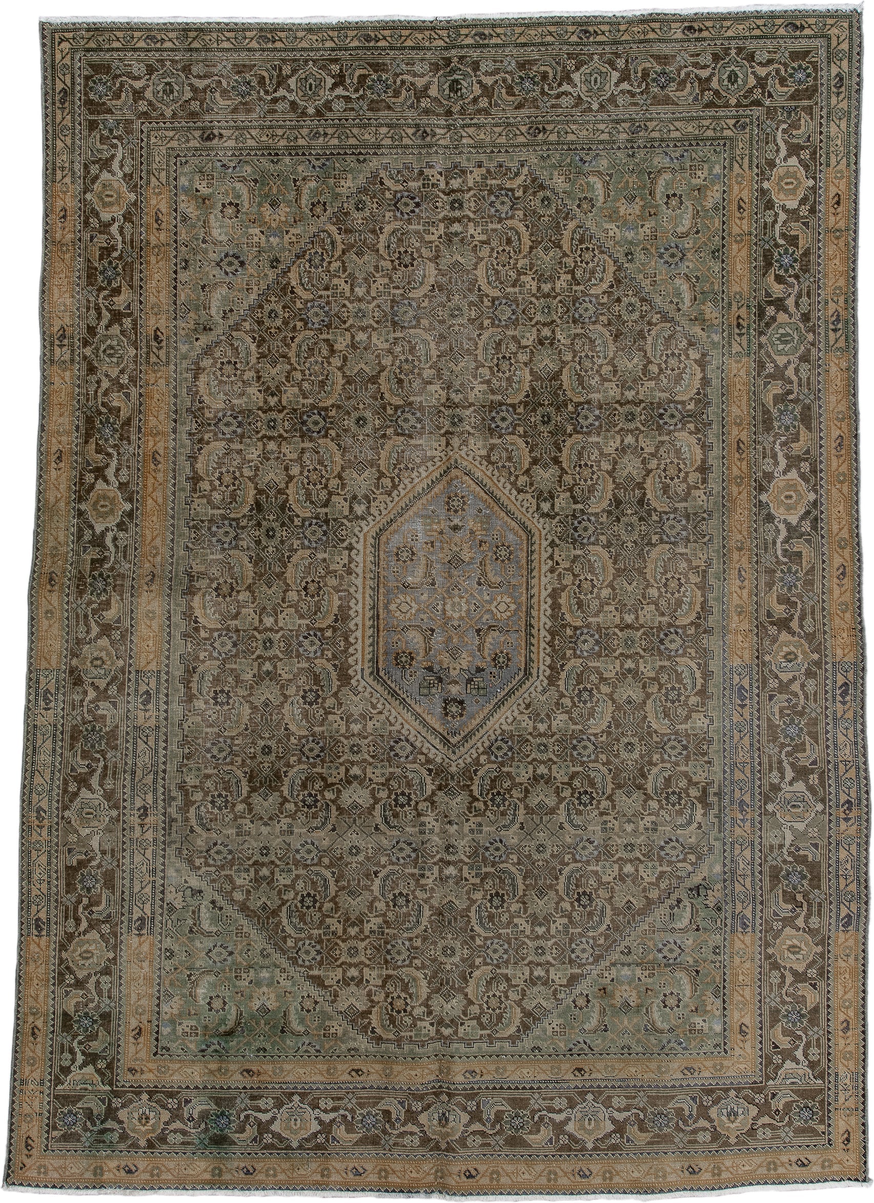 6' x 9' one-of-a-kind handmade vintage Tabriz medium size rug. Color palette: taupe, brown, sage, ivory, camel, slate