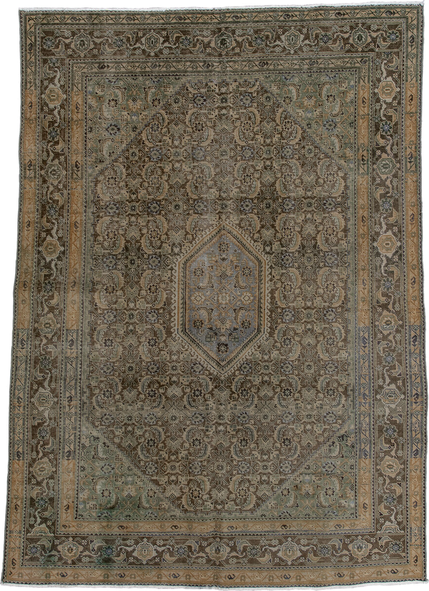 6' x 9' one-of-a-kind handmade vintage Tabriz medium size rug. Color palette: taupe, brown, sage, ivory, camel, slate