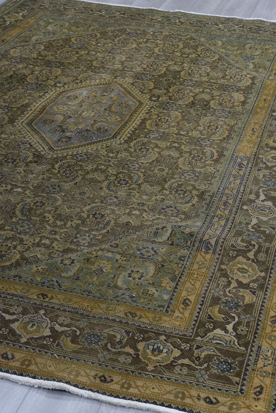 6' x 9' one-of-a-kind handmade vintage Tabriz medium size rug. Color palette: taupe, brown, sage, ivory, camel, slate